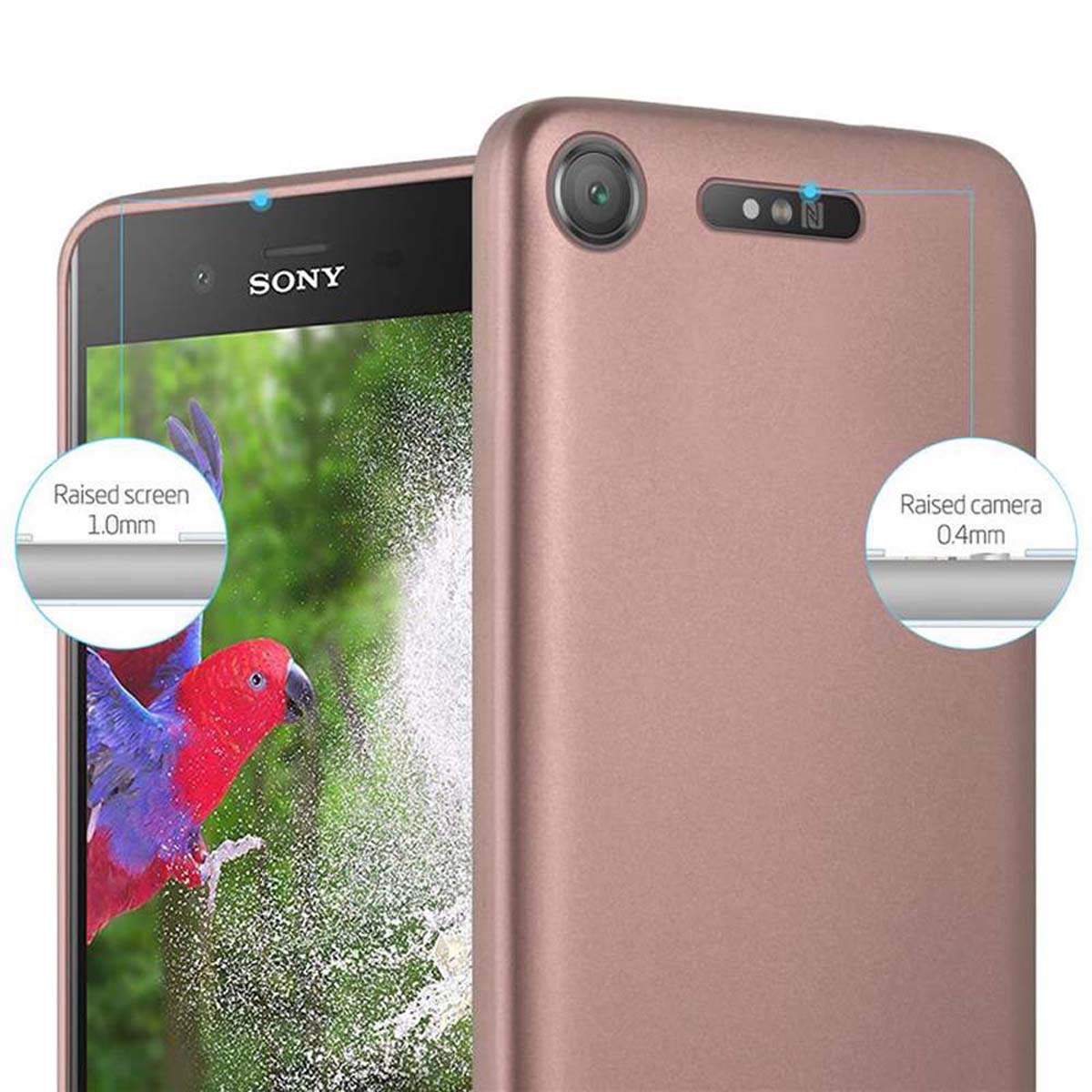 Telefono con custodia oro rosa. La custodia ha ritagli per la fotocamera e altre funzioni.