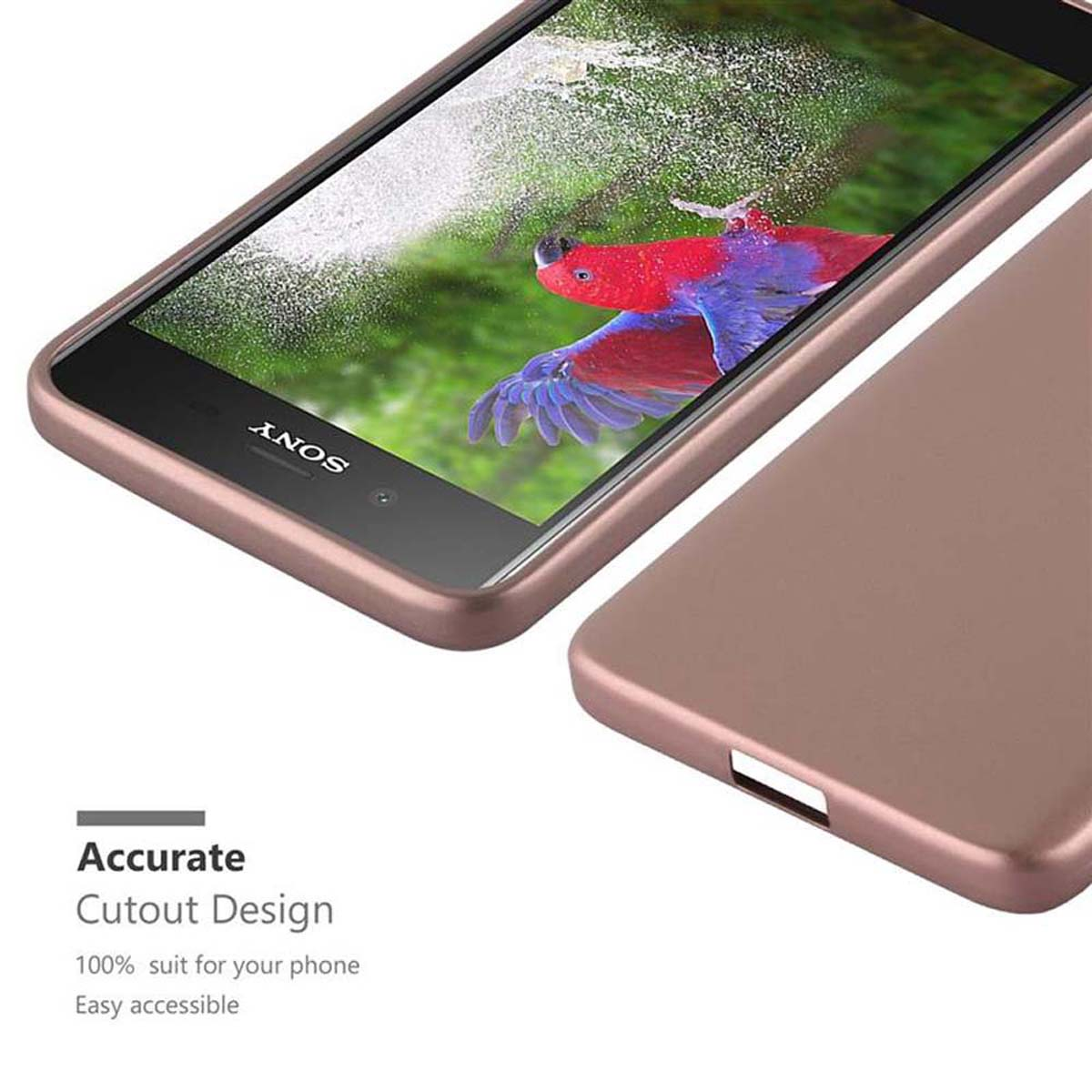 Telefono in custodia oro rosa, mostra una scena con uccelli e cielo blu.