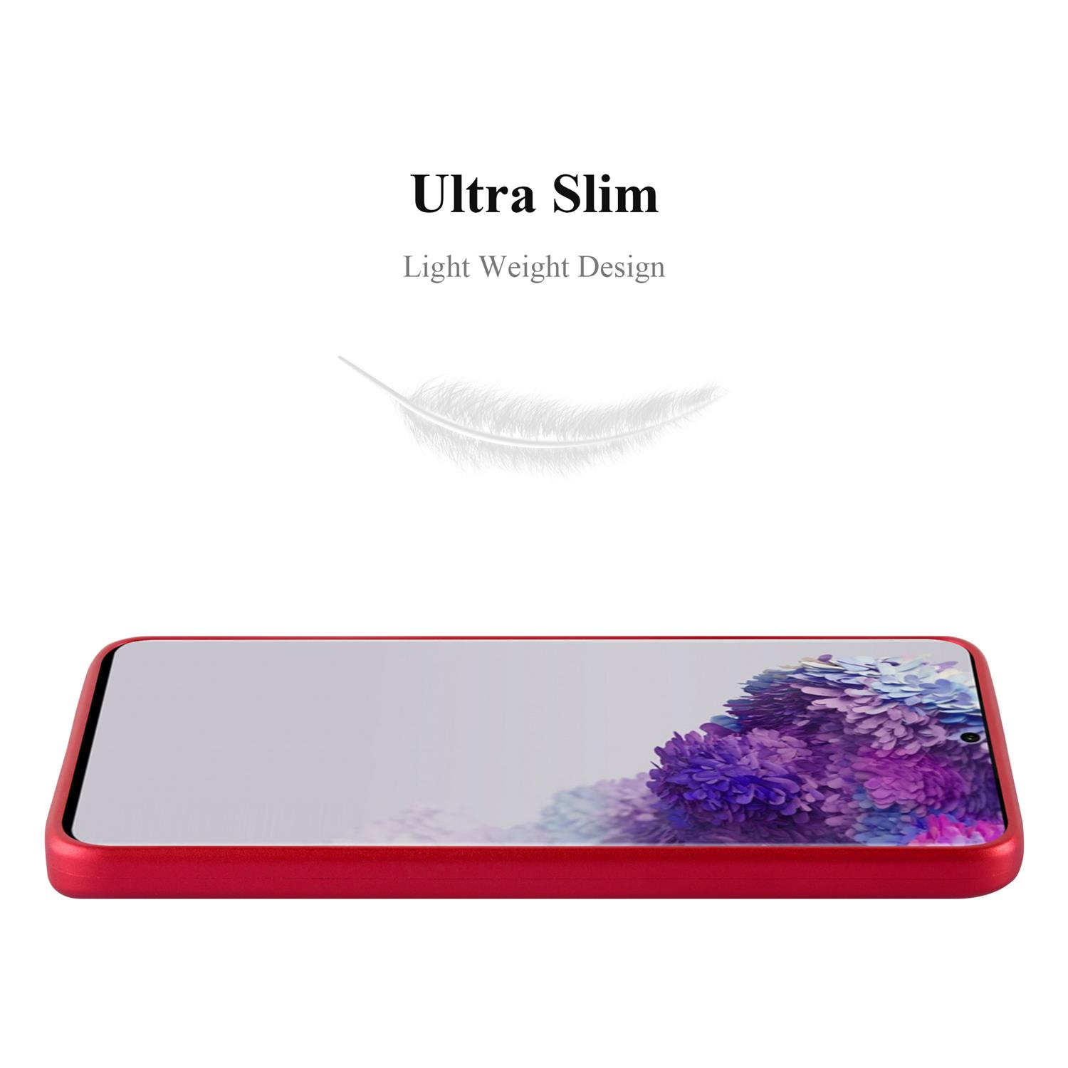 Eine rote Handyhülle wird mit einem Telefon darin gezeigt. Der Text lautet ultradünnes und leichtes Design.