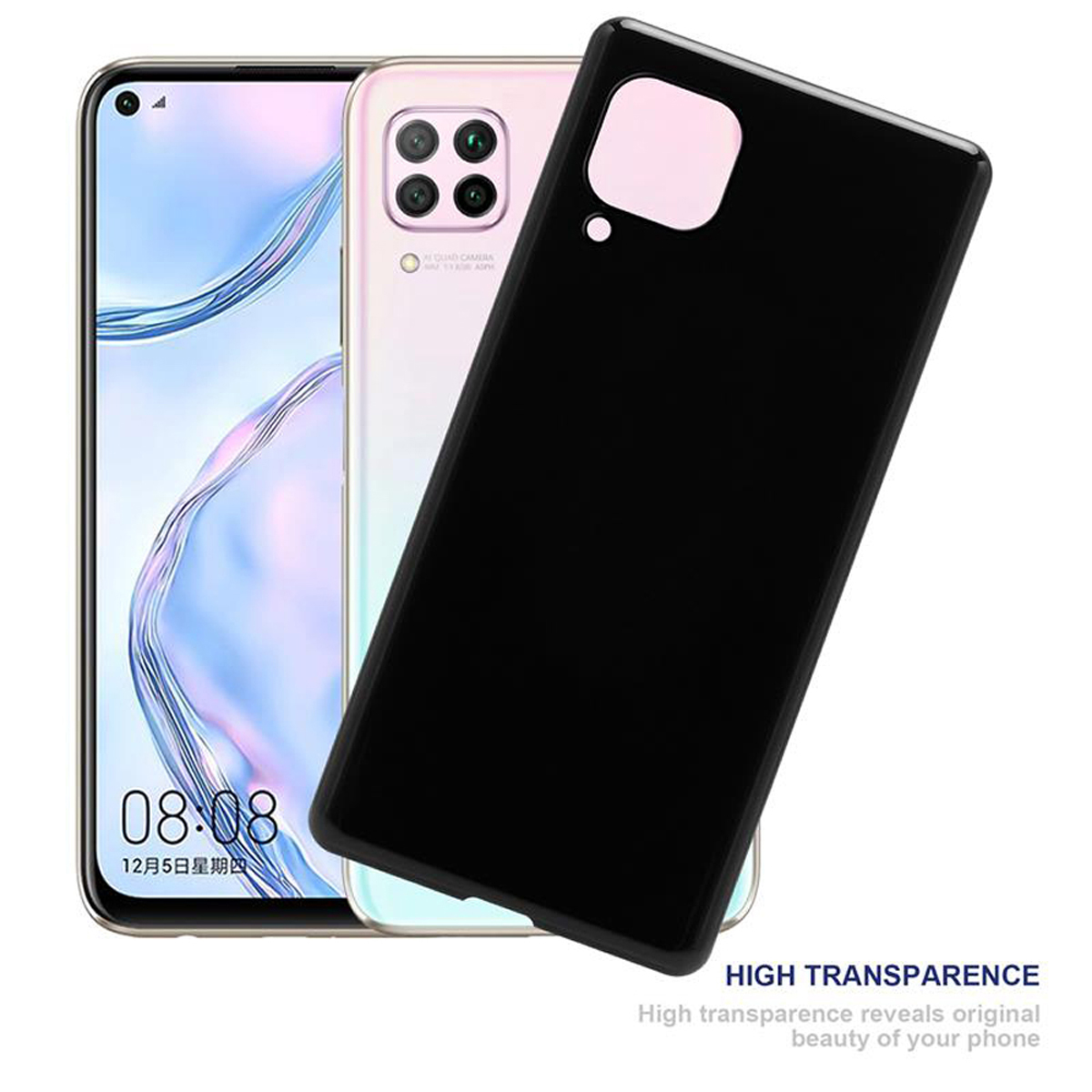 Telefono nero con custodia trasparente. Il telefono è nella custodia. Sfondo bianco.