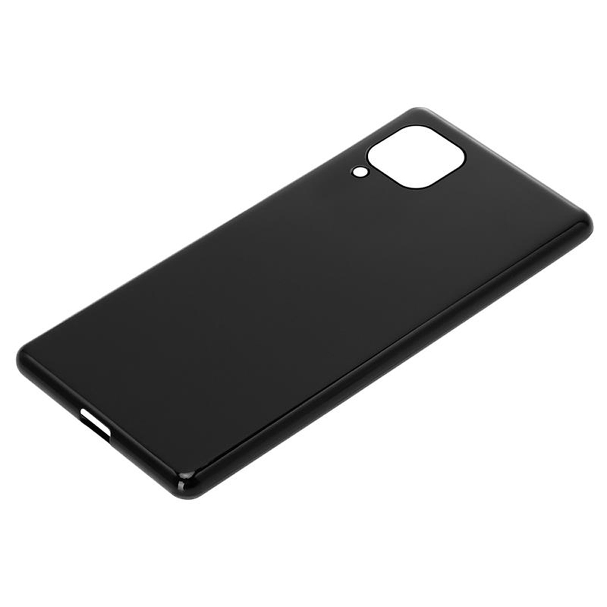 Una custodia nera, che mostra un design elegante e semplice su sfondo bianco.