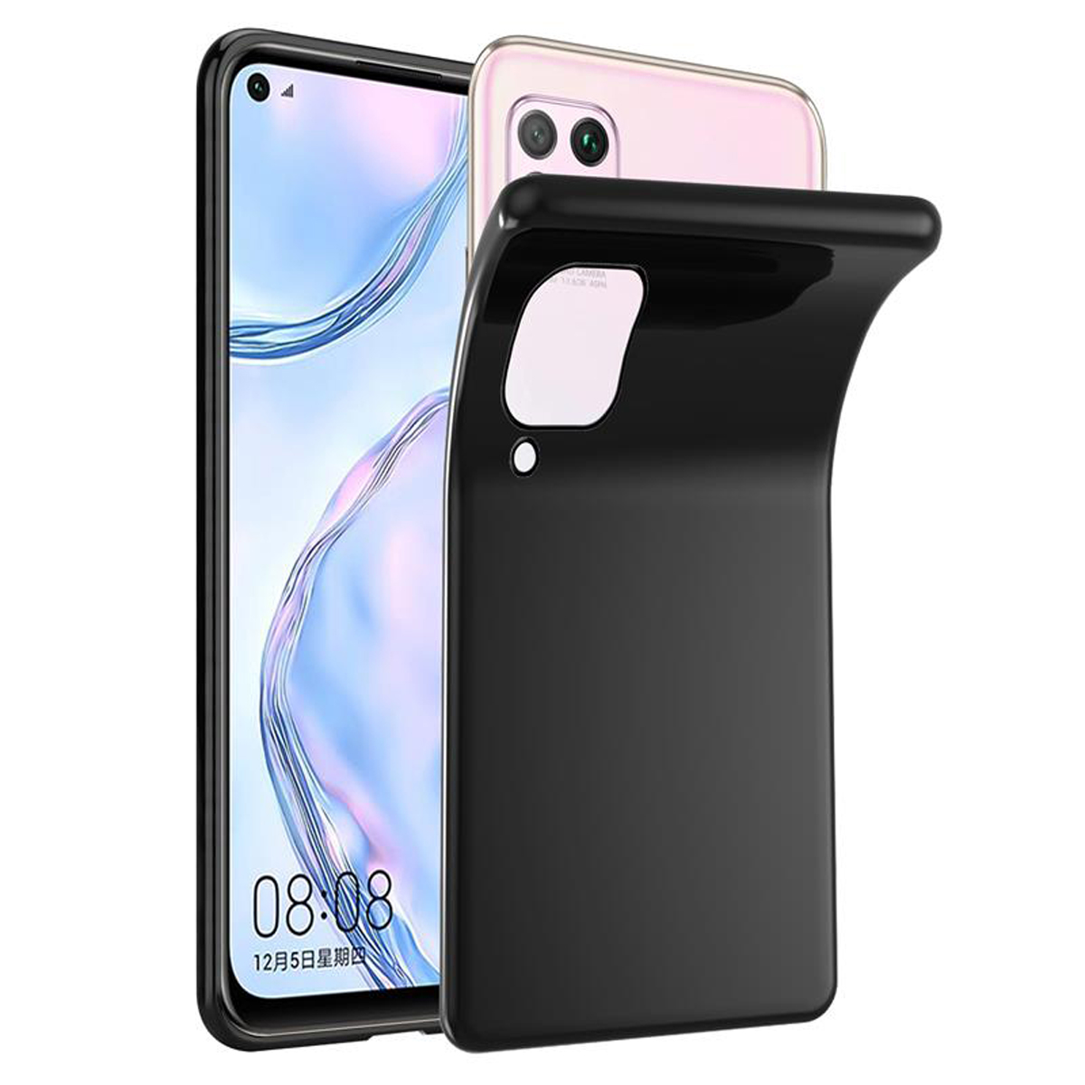 Una custodia per telefono nera, con un telefono all'interno. Un telefono rosa è parzialmente visibile.