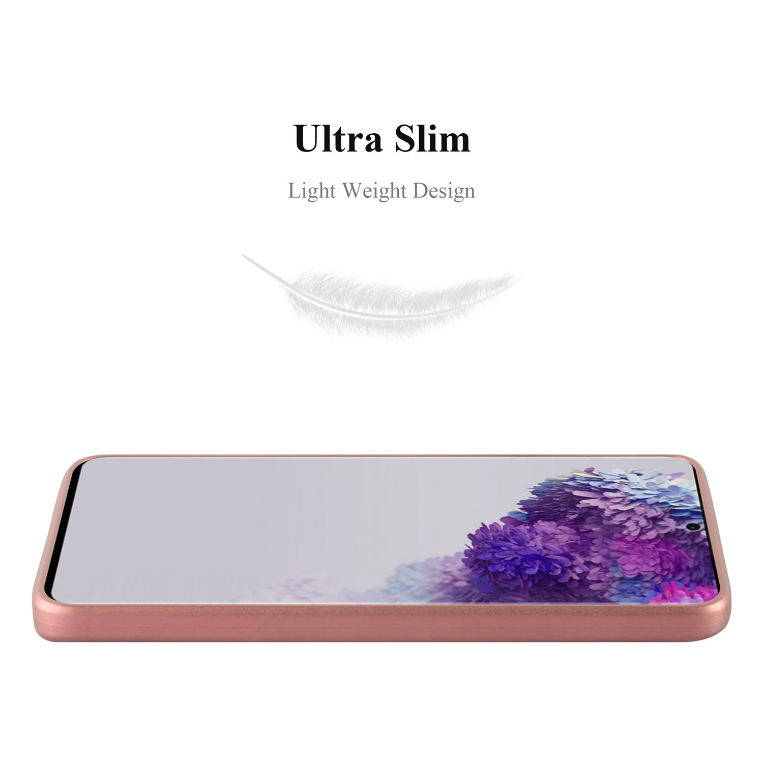 Handyhülle mit einem Telefon darin. Die Hülle ist roségoldfarben, und der Bildschirm zeigt Lila.