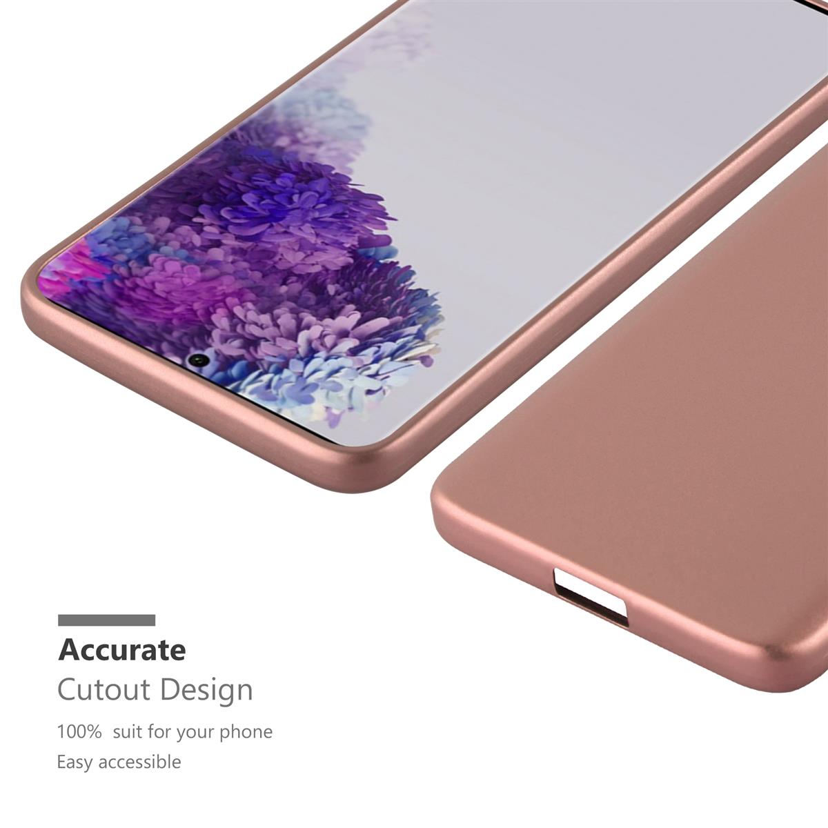 Roségoldene Handyhülle mit Telefon. Text: Präzises Ausschnittdesign, 100% passend für Ihr Telefon.