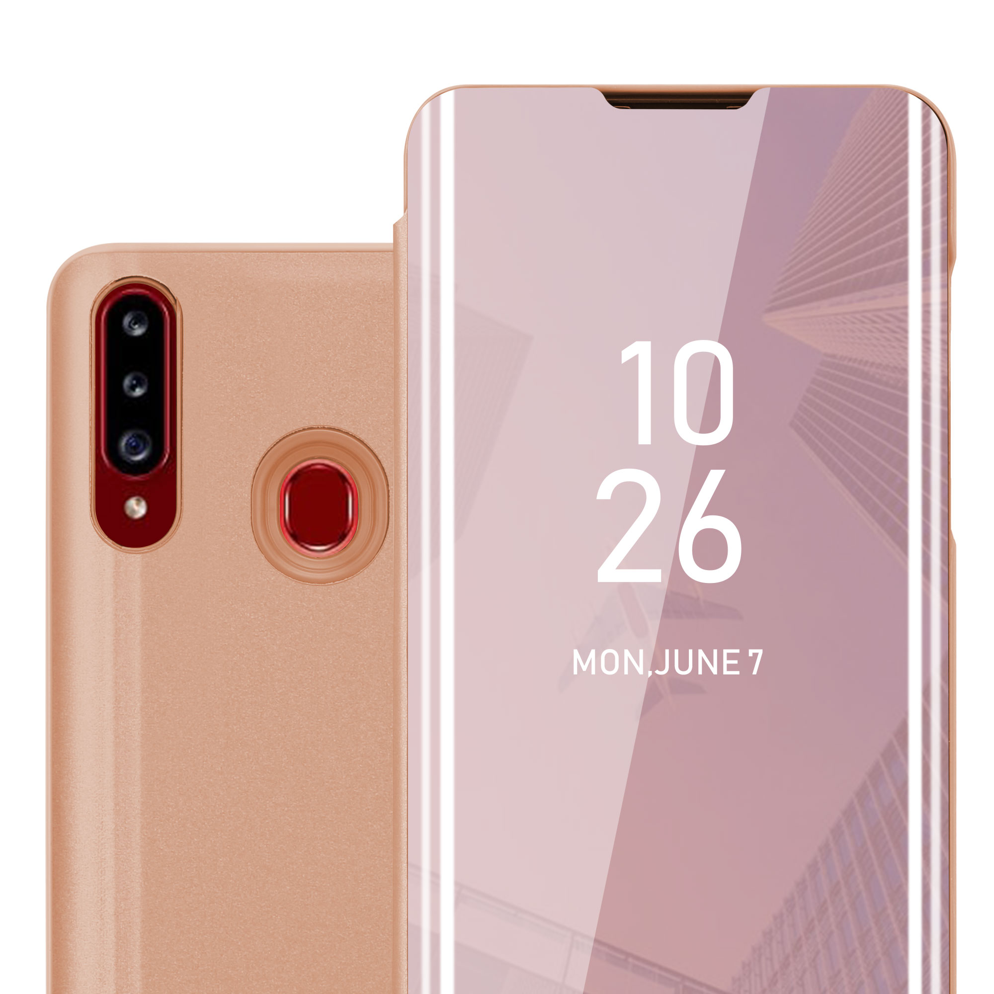 Telefono oro rosa con custodia sul retro. L'ora sullo schermo è 10:26, 7 giugno.