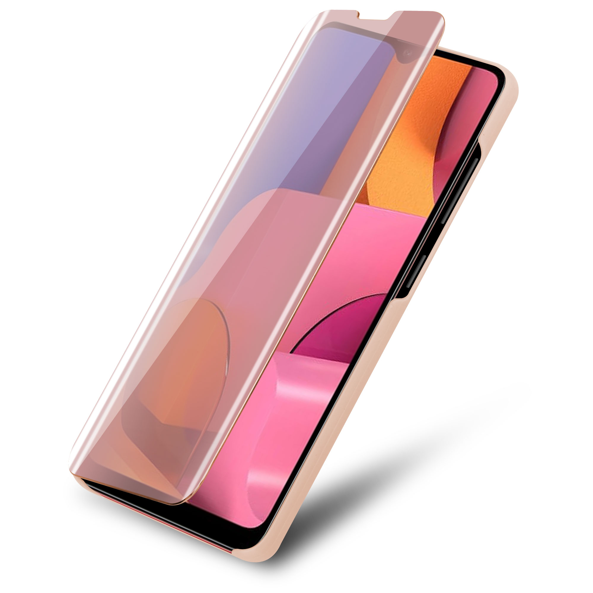 Telefono rosa con protezione schermo in applicazione. Cornice dorata.
