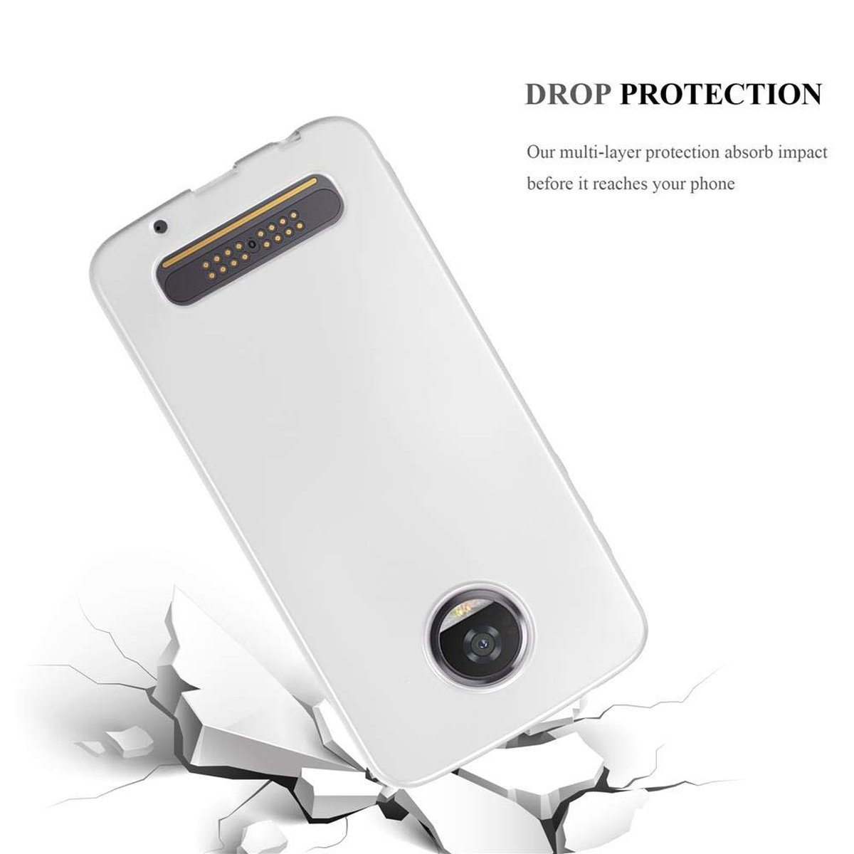 Custodia bianca per telefono che cade, rompendo il terreno sottostante. Testo: Drop Protection.