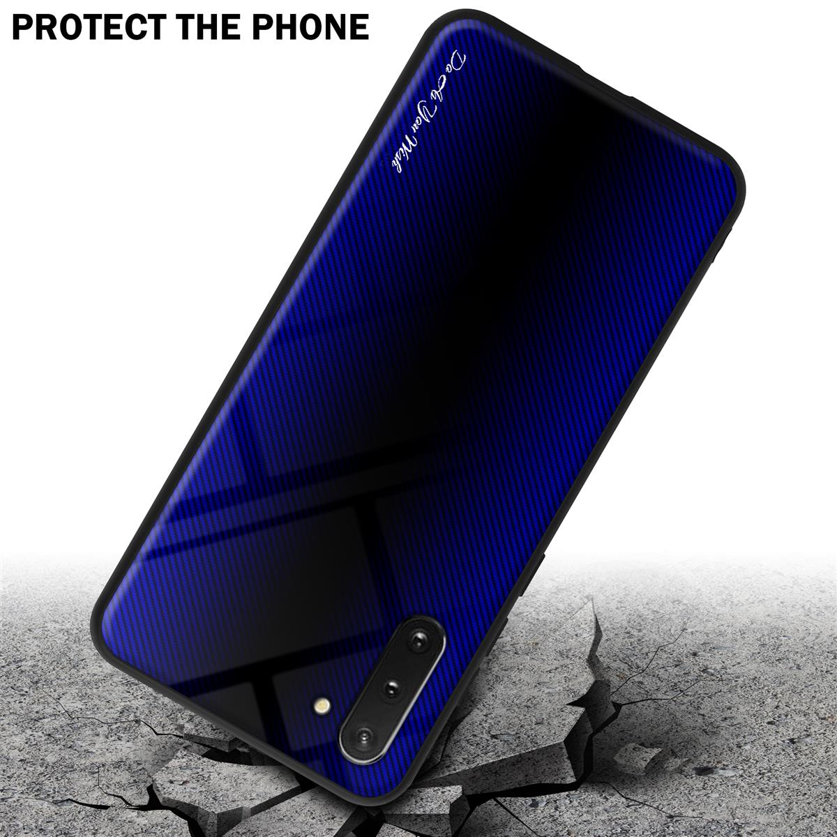 Custodia per telefono sfumata blu su terreno crepato, proteggendo il telefono.