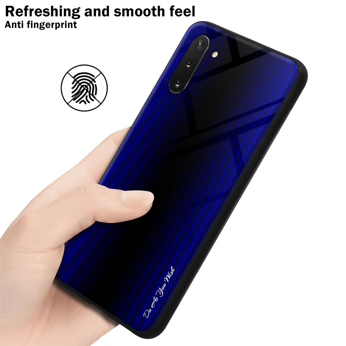 Una mano che tiene una custodia per telefono blu e nera, con un'icona di impronta digitale.