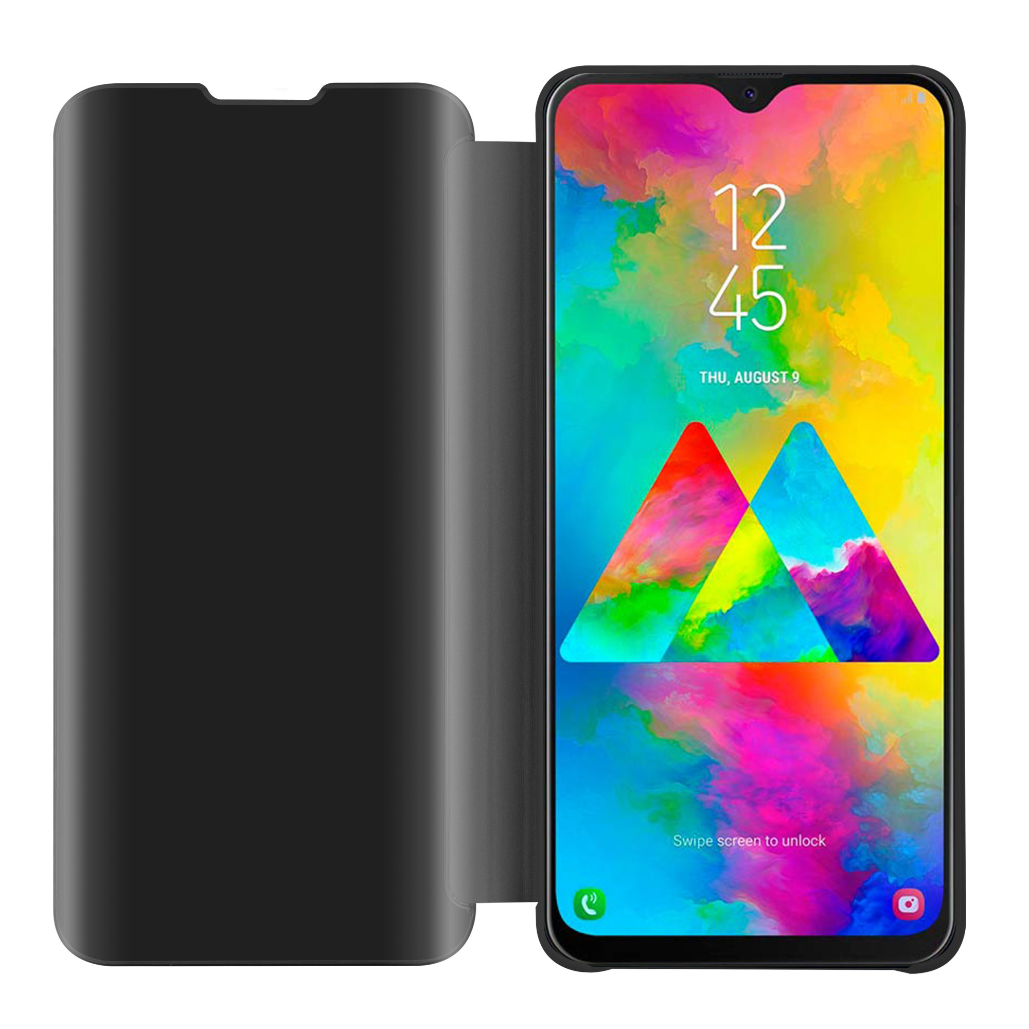Un telefono in una custodia nera è aperto, mostrando un design astratto colorato.