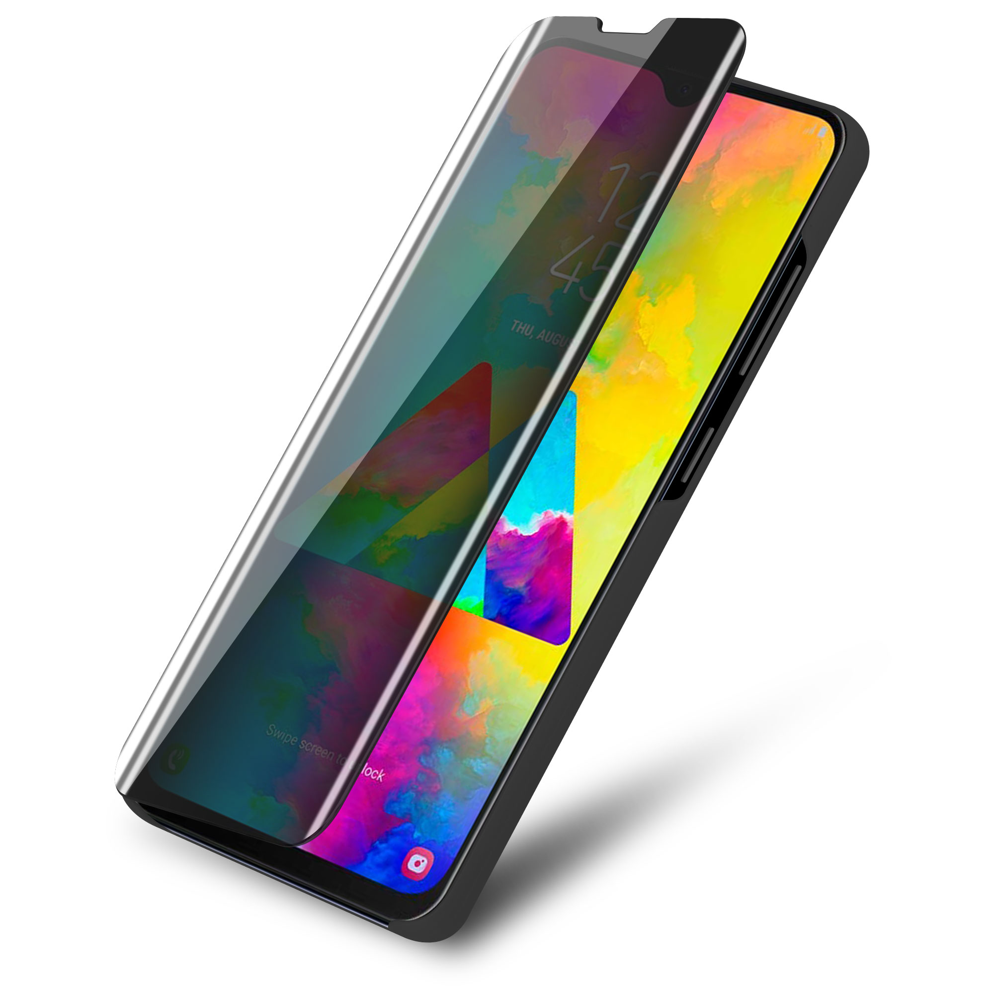 Proteggi schermo per telefono in fase di applicazione. Il telefono ha un display multicolore.