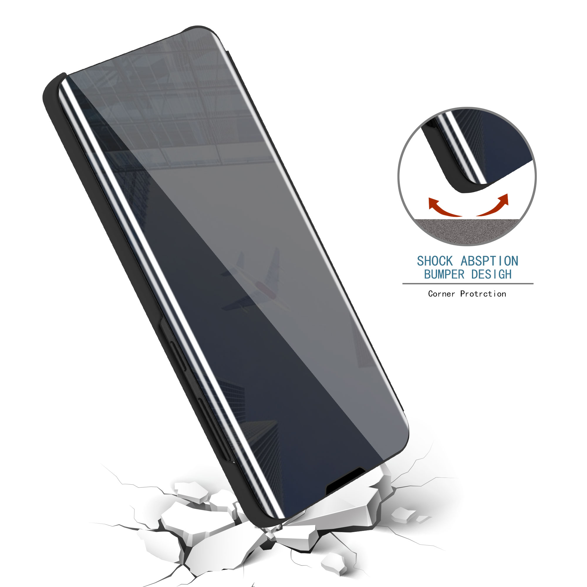 Telefono con protezione schermo. Il telefono cade, il terreno si rompe. Design ad assorbimento d'urto. Bianco.