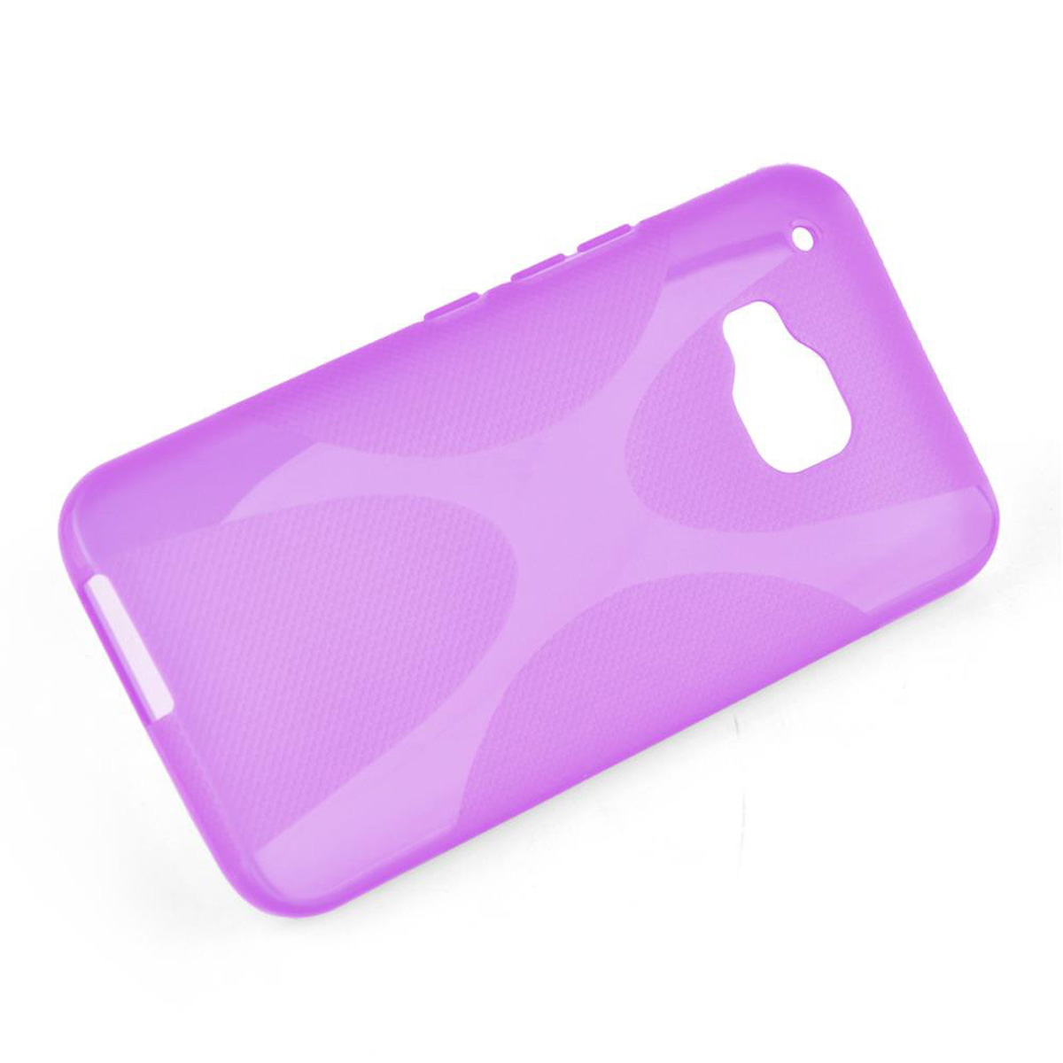 Custodia per telefono viola con fori per fotocamera e pulsanti, su una superficie bianca.