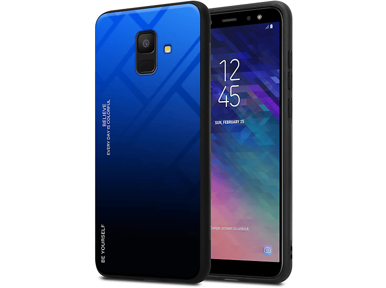 Galaxy 2 Backcover, TPU A6 SCHWARZ 2018, Glas, Farben Silikon BLAU Samsung, - aus Hülle CADORABO