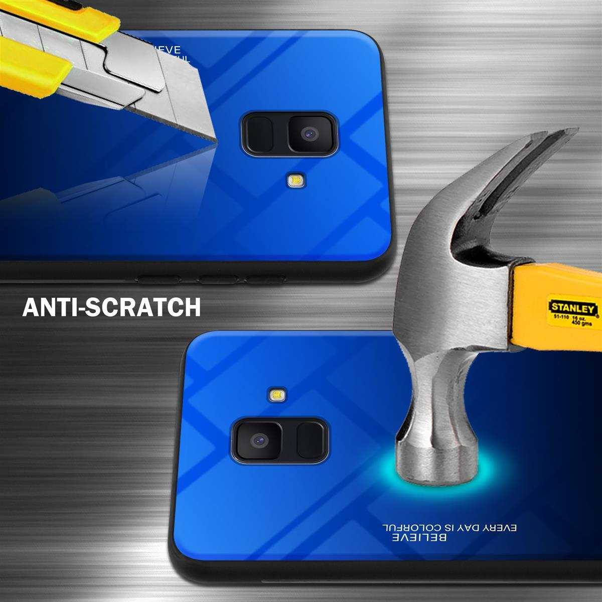 Custodia per telefono con sfumatura blu, testata con martello e taglierino. Testo: Anti-graffio.