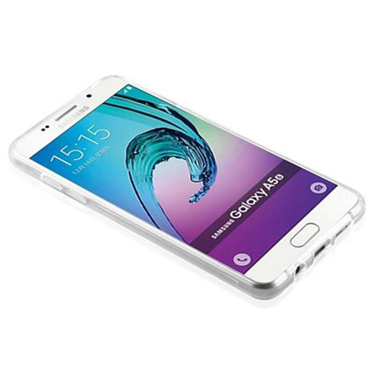 Un telefono Samsung Galaxy A5 bianco con una custodia trasparente su sfondo bianco. Lo schermo è acceso.