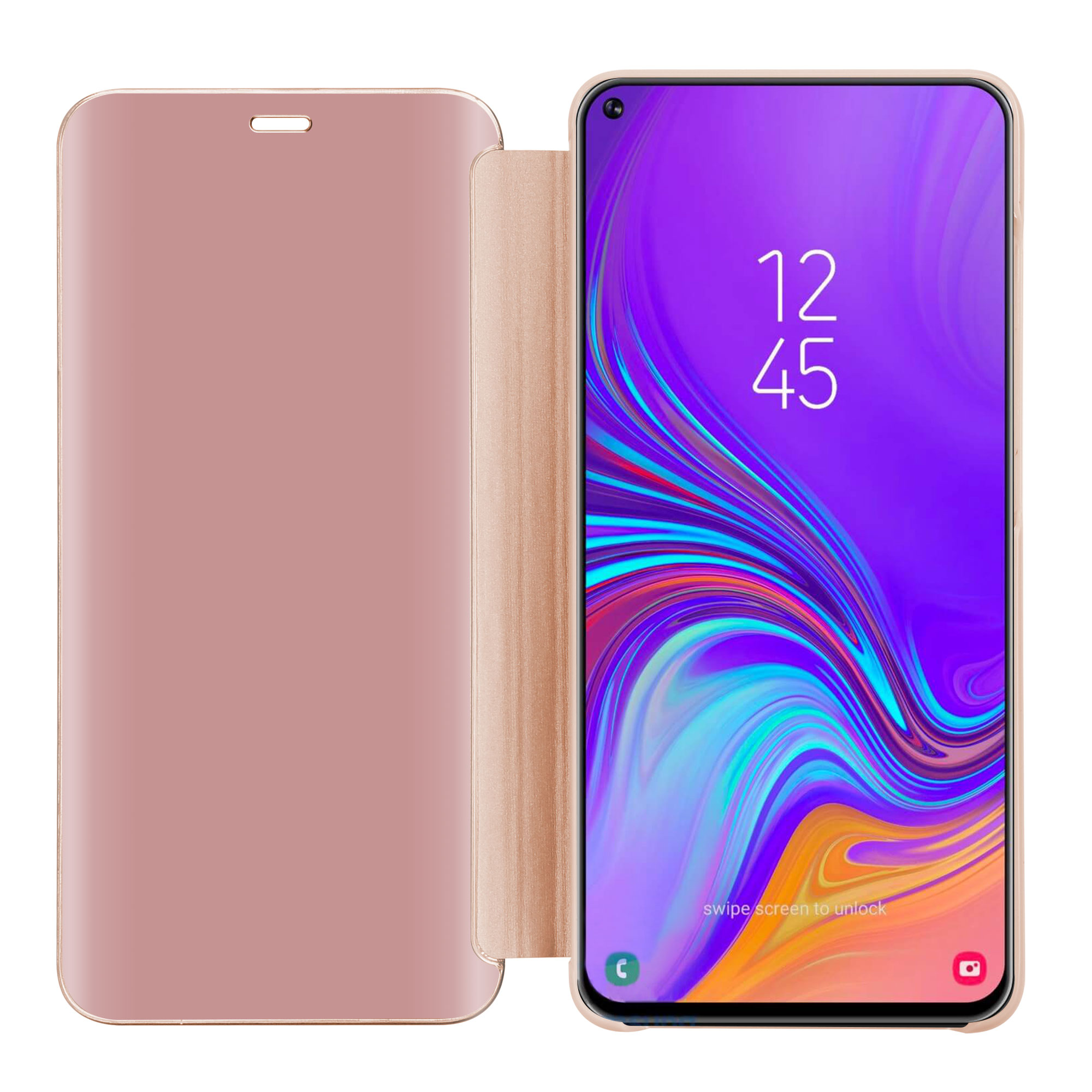 Rosafarbene Handyhülle, geöffnet. Der Telefonbildschirm zeigt die Uhrzeit an. Die Handyhülle ist roségoldfarben.