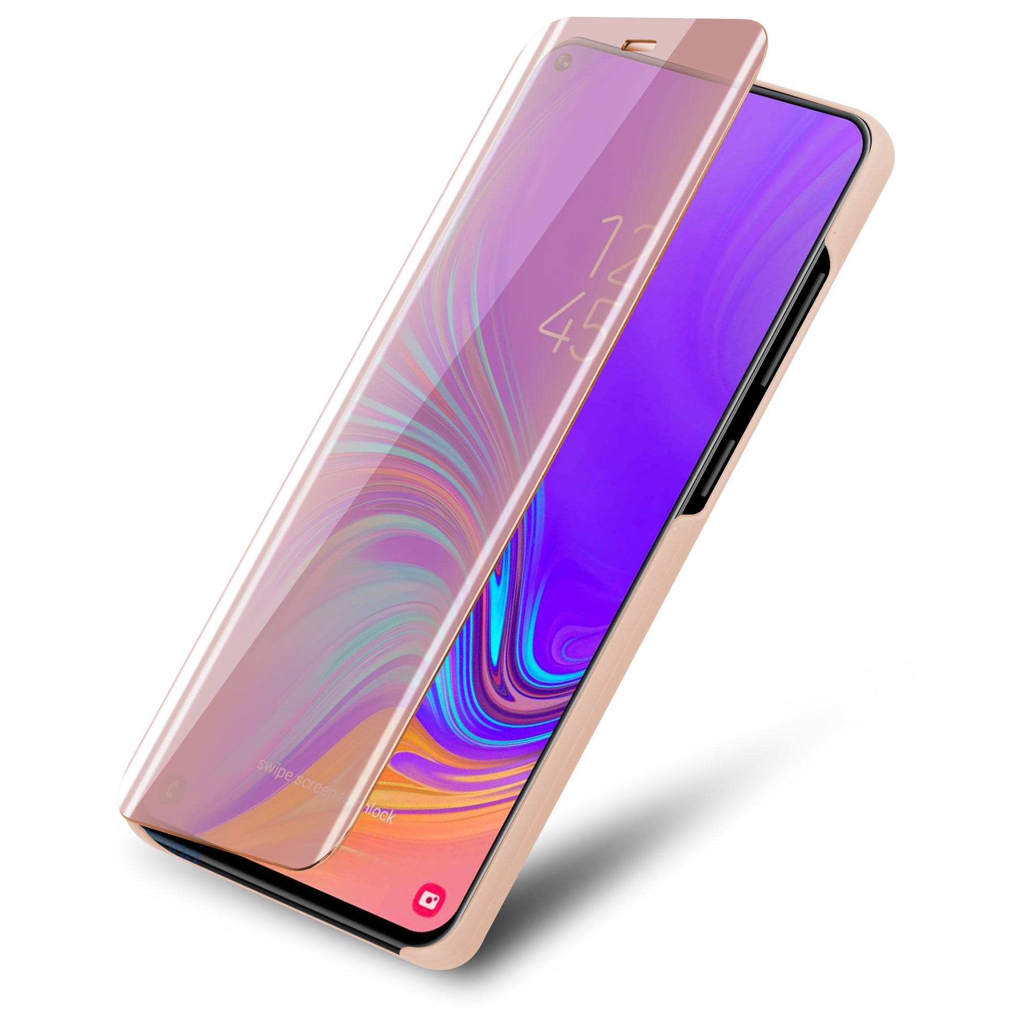 Telefon mit roségoldener Hülle mit Displayschutz. Rosa und klares Design.