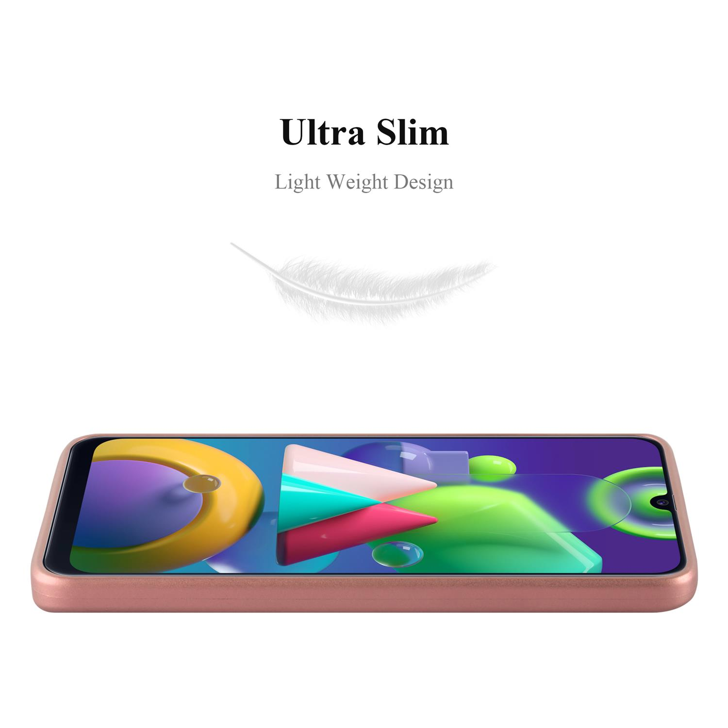 Eine Handyhülle. Text sagt Ultra Slim, Light Weight Design. Das Telefon ist in einer Hülle. Hülle ist rosa.
