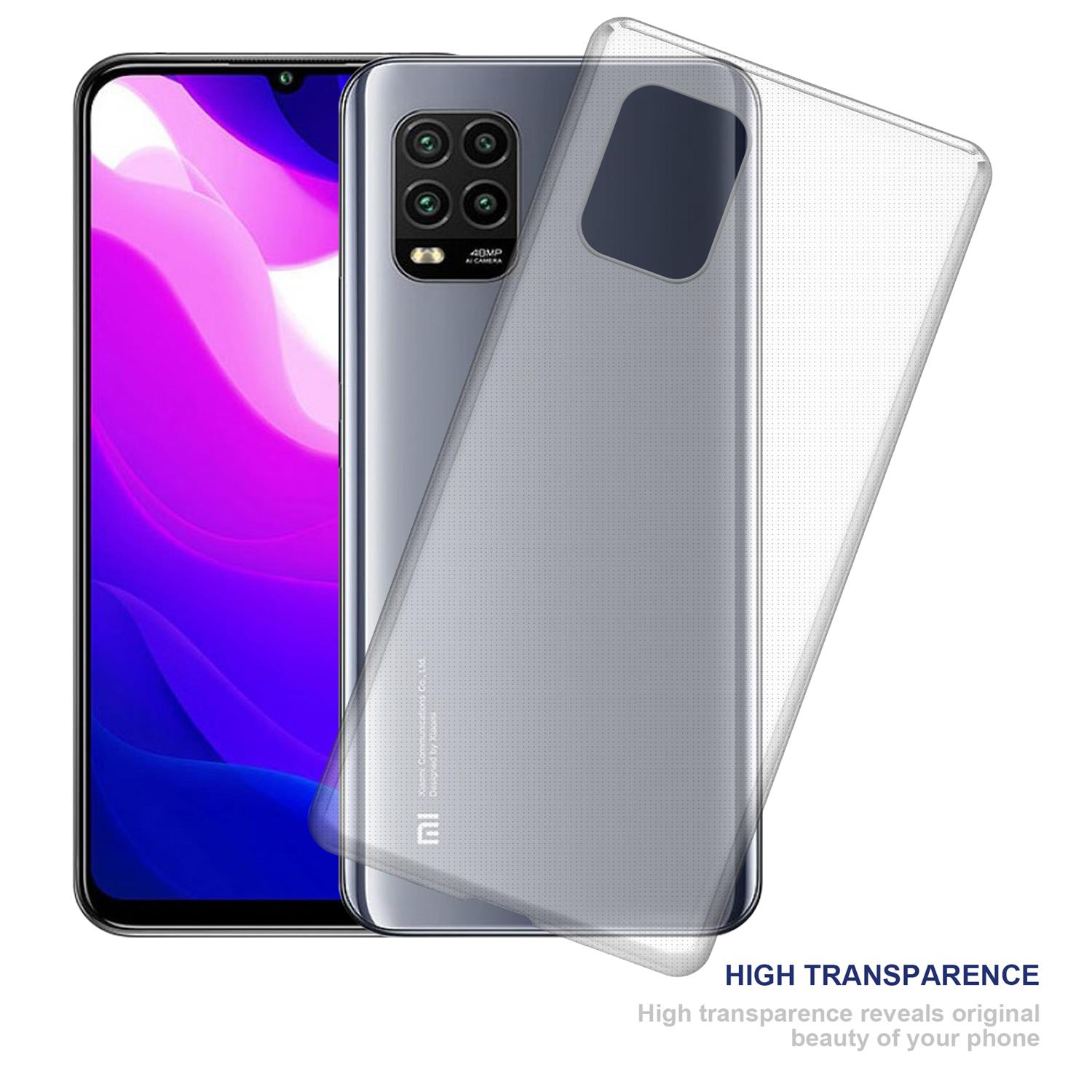 Ein Telefon und eine transparente Hülle. Das Telefon ist silberfarben und die Hülle ist durchsichtig. Die Hülle befindet sich auf der Rückseite des Telefons.