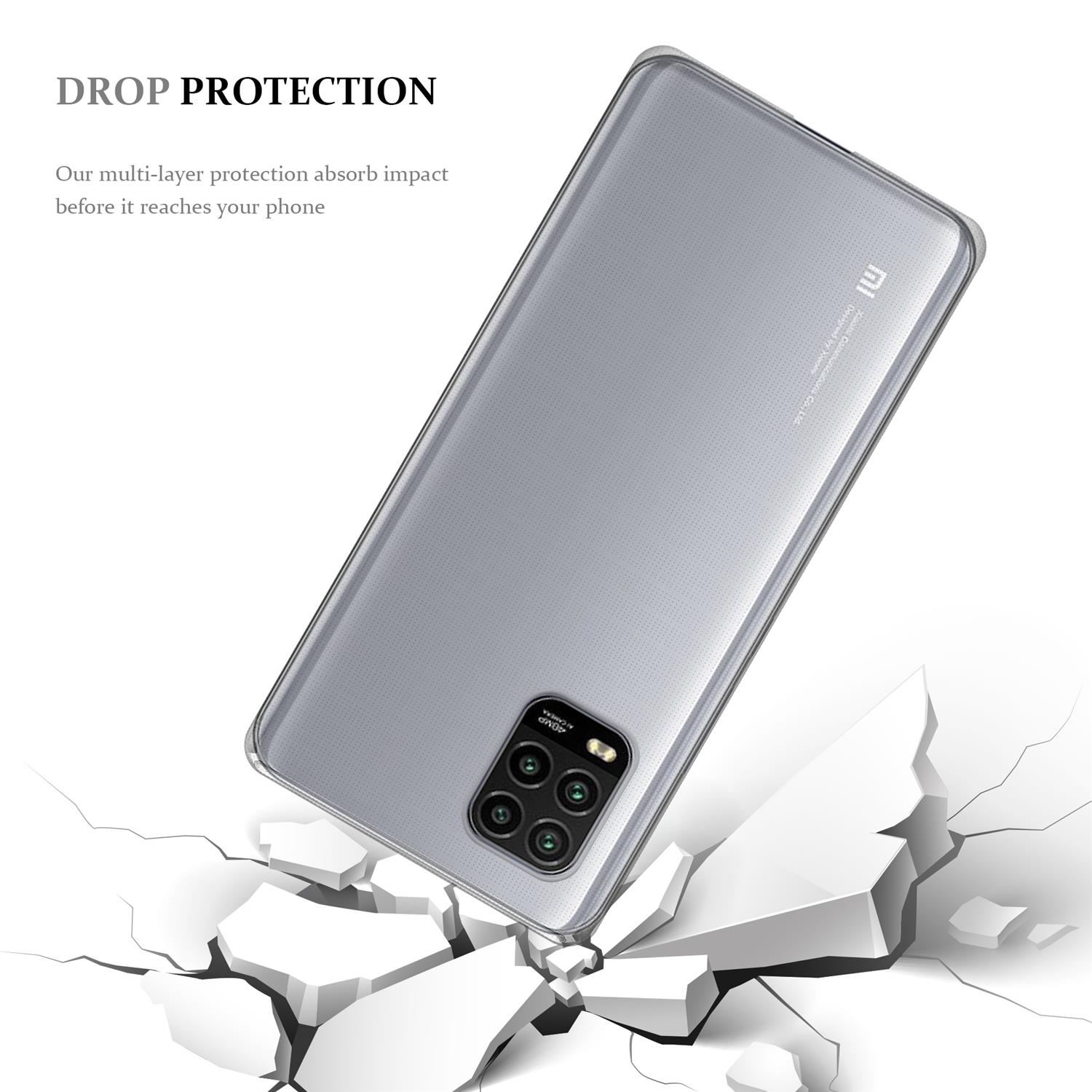 Ein Telefon in einer transparenten Hülle fällt auf eine Oberfläche und zerbricht. Der Text lautet 'DROP PROTECTION'.