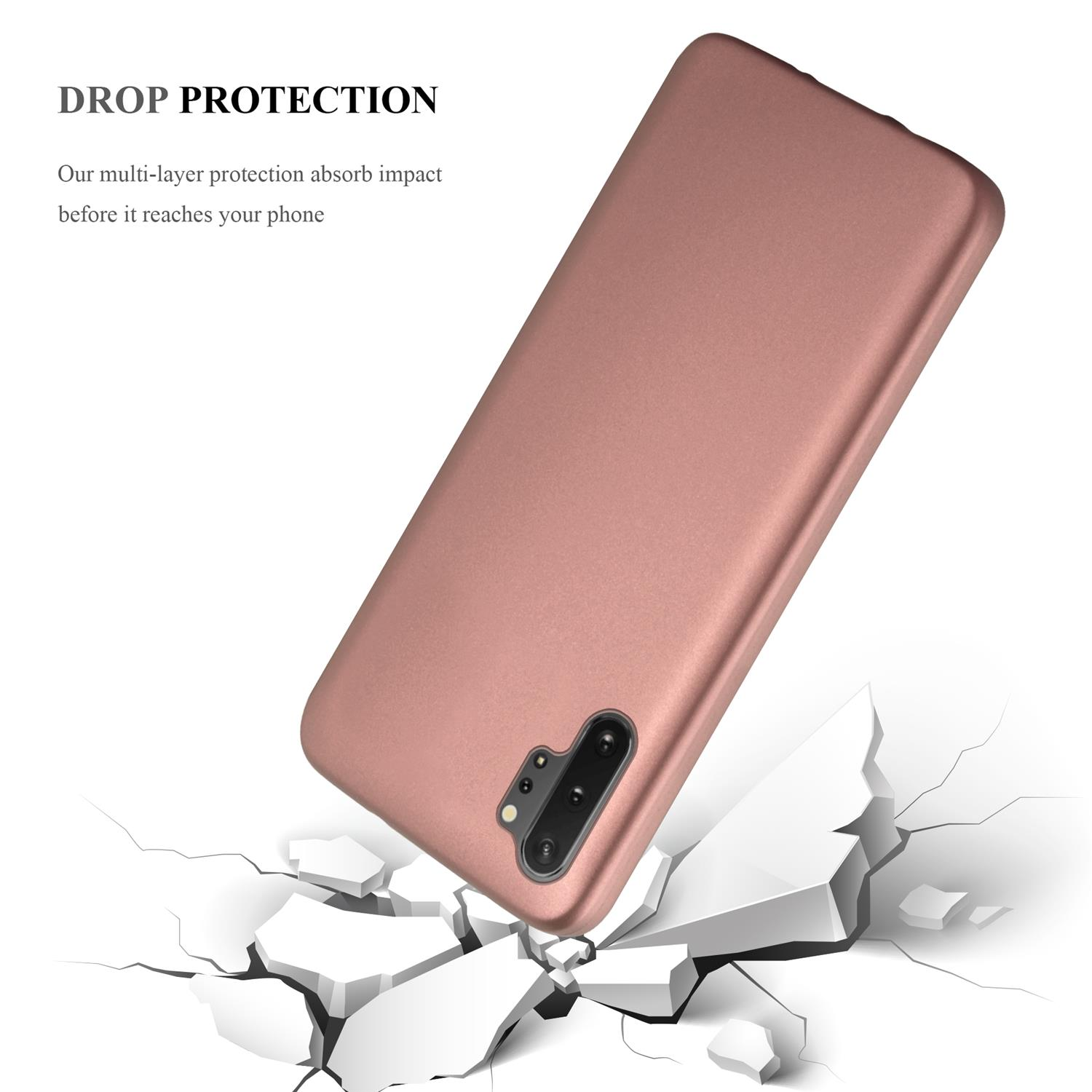 Custodia per telefono in oro rosa, angolata, con messaggio di protezione dagli urti e una superficie incrinata.