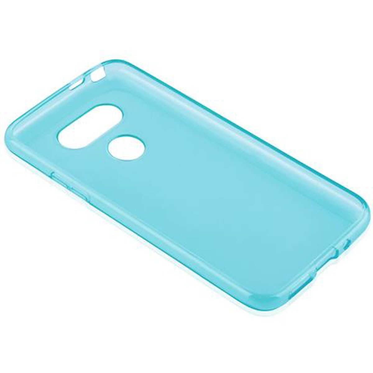 Custodia blu per telefono con ritagli per fotocamera e pulsanti. È di un colore solido e sembra essere fatta di plastica.