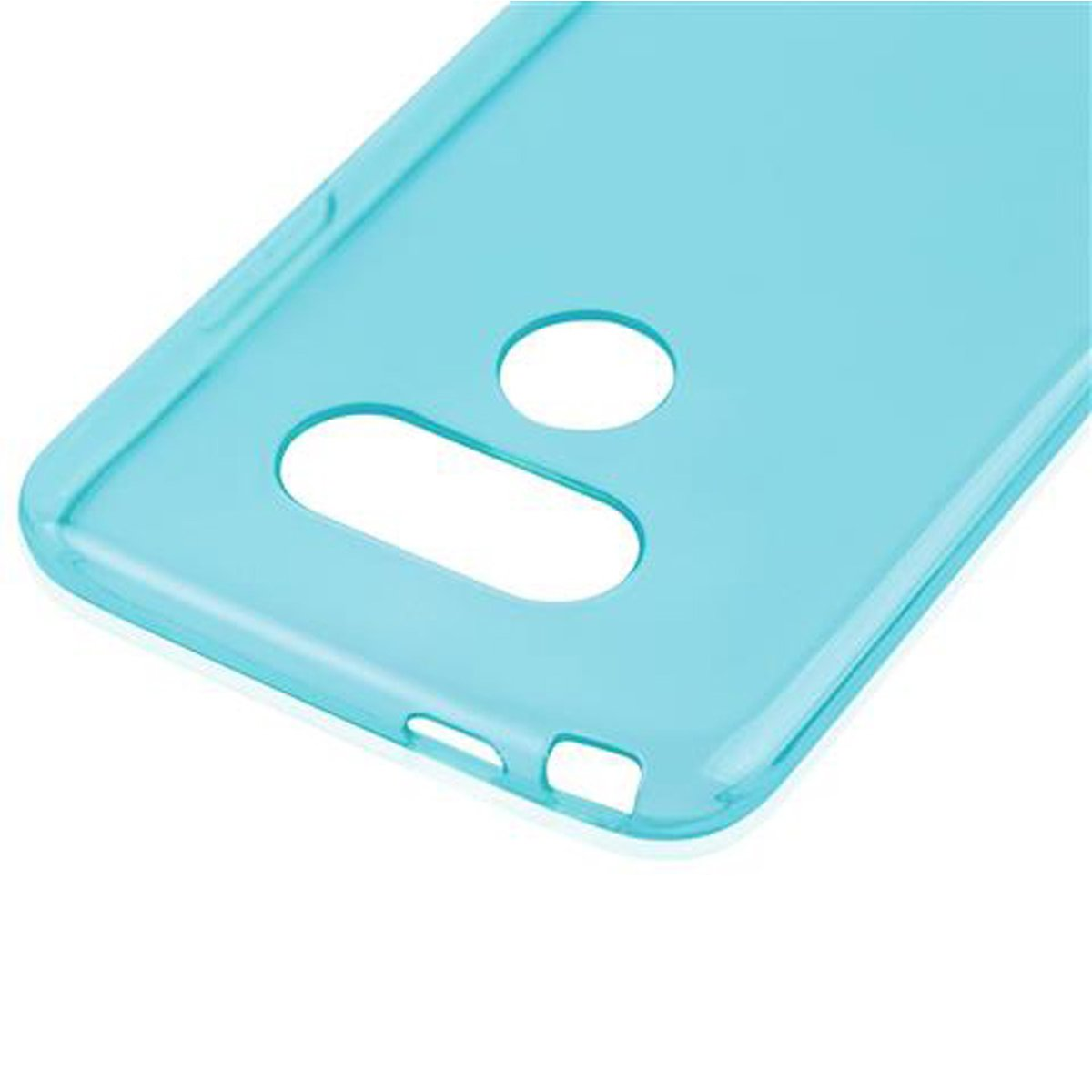 Un primo piano di una custodia per telefono azzurra con ritagli per la fotocamera e altre funzioni.