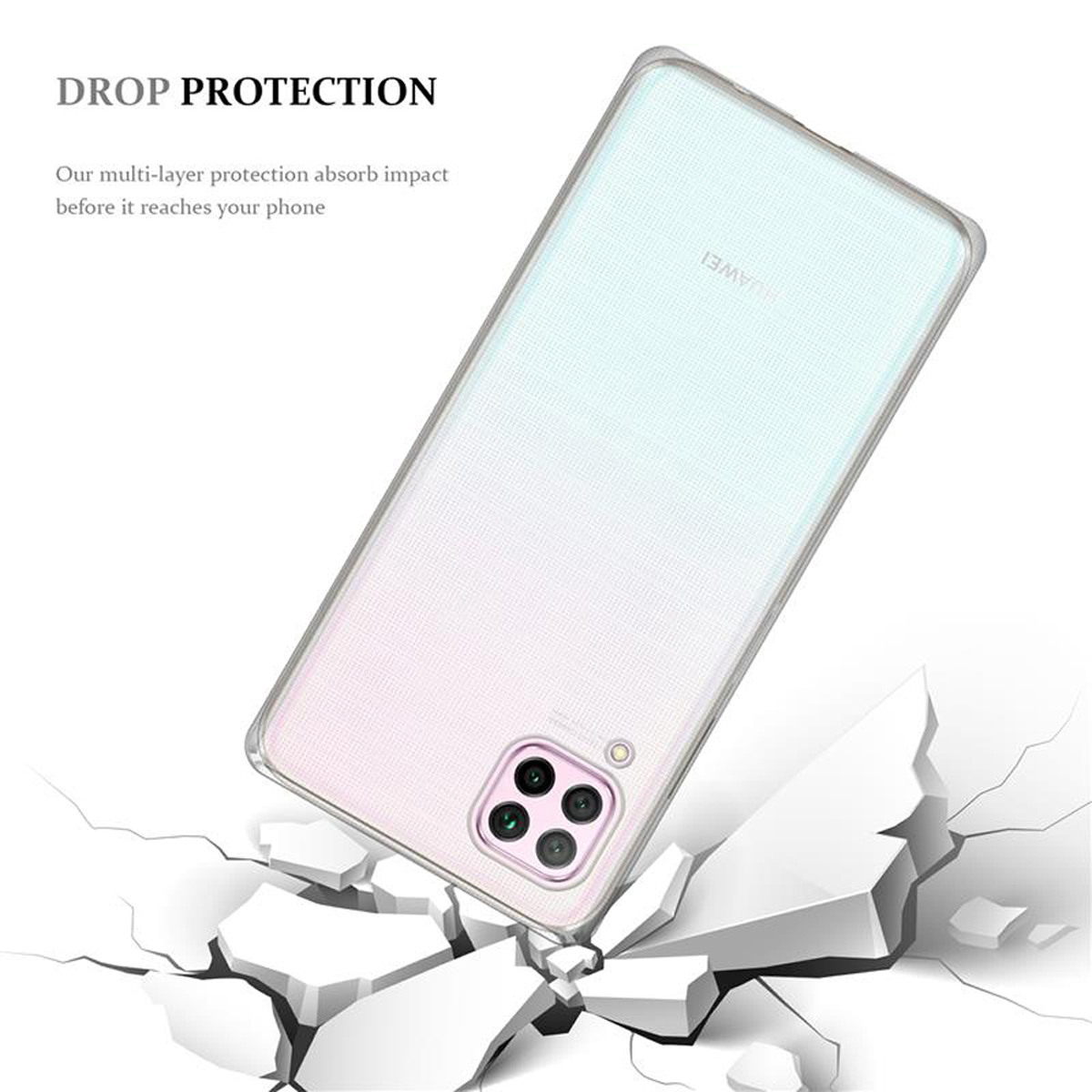 Telefon in einer transparenten Hülle, zerbrochener Boden. Text: Fallschutz.