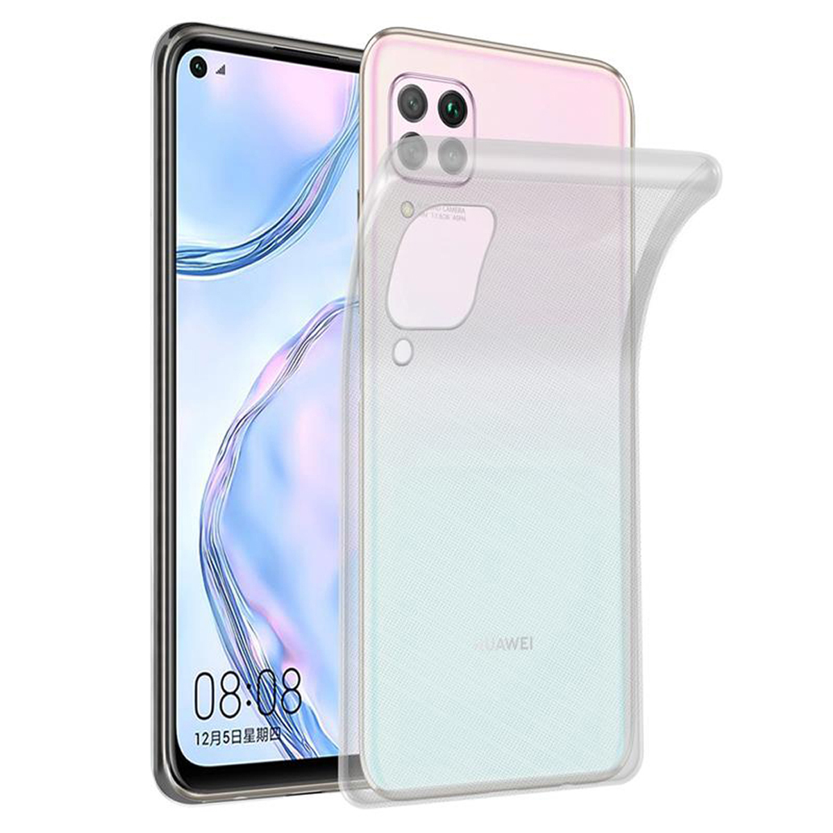 Ein Telefon mit einer durchsichtigen Hülle und einem rosa-weißen Farbverlauf auf der Rückseite, mit Kamera.