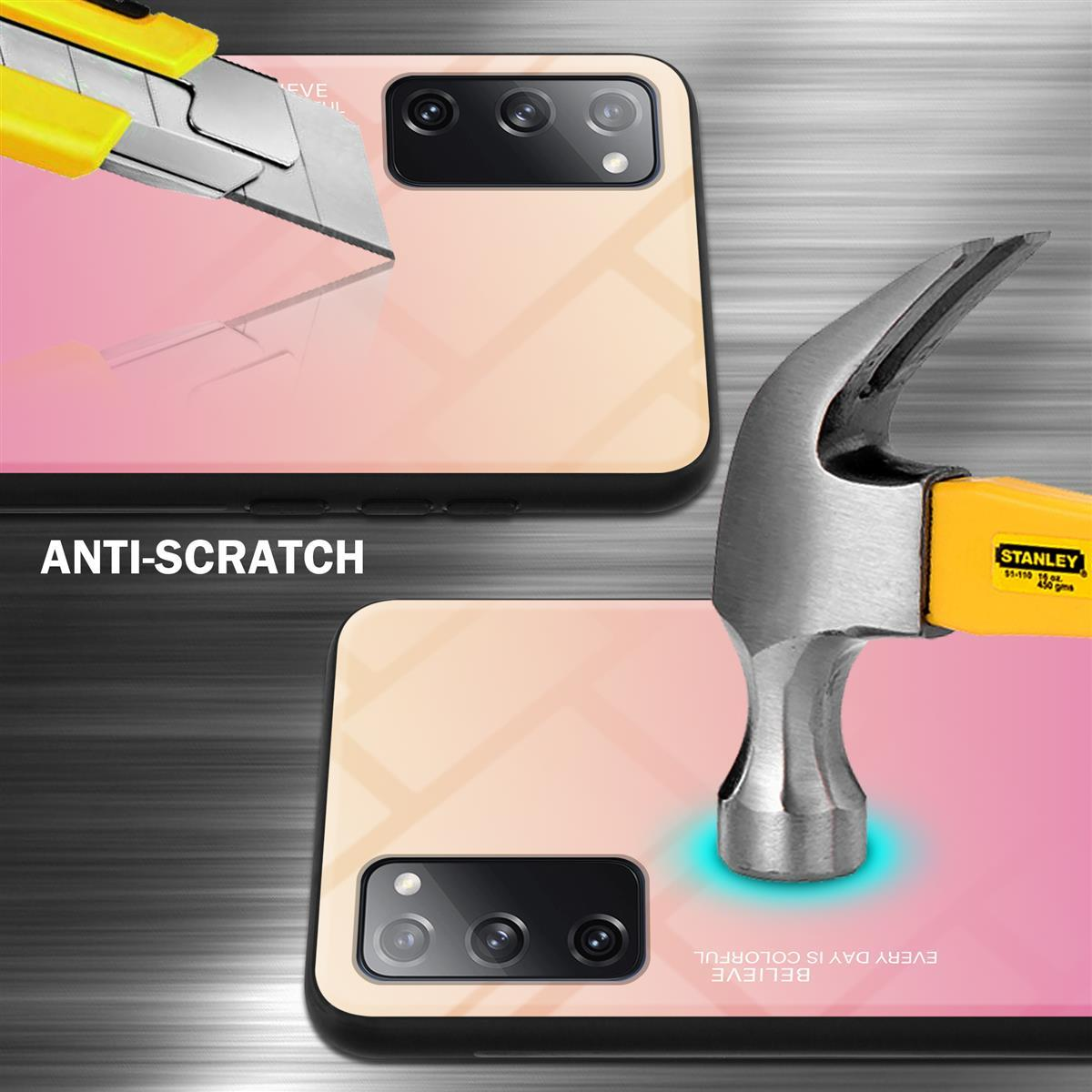 Custodie per telefono con un motivo a gradiente rosa-arancio, graffiate con un taglierino e martellate.
