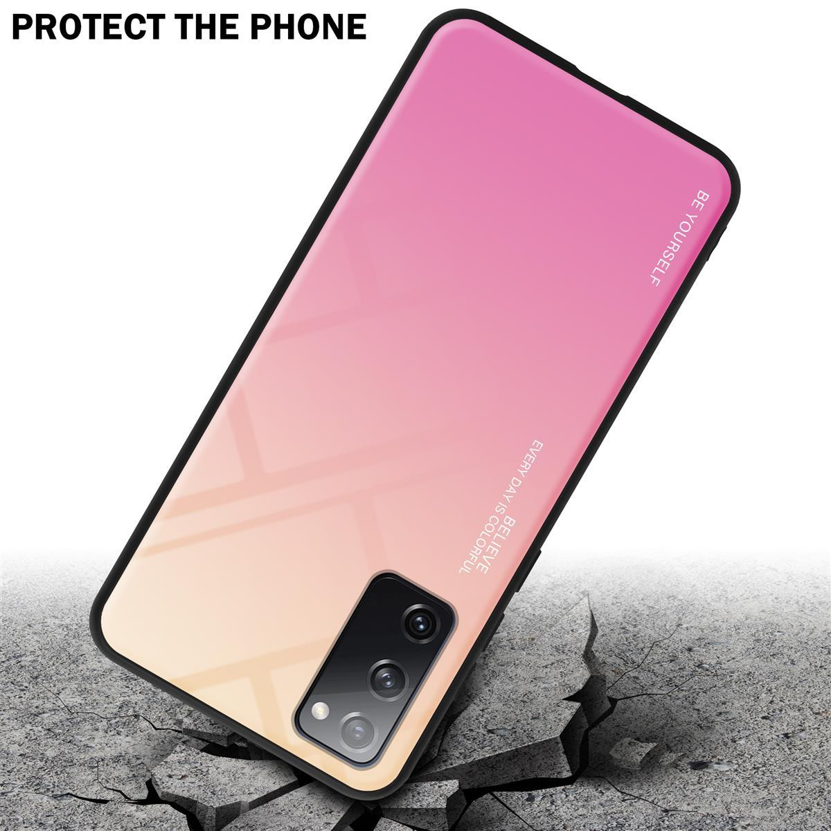 Custodia del telefono su cemento. Custodia sfumata da rosa a giallo. Testo: Proteggi il telefono.