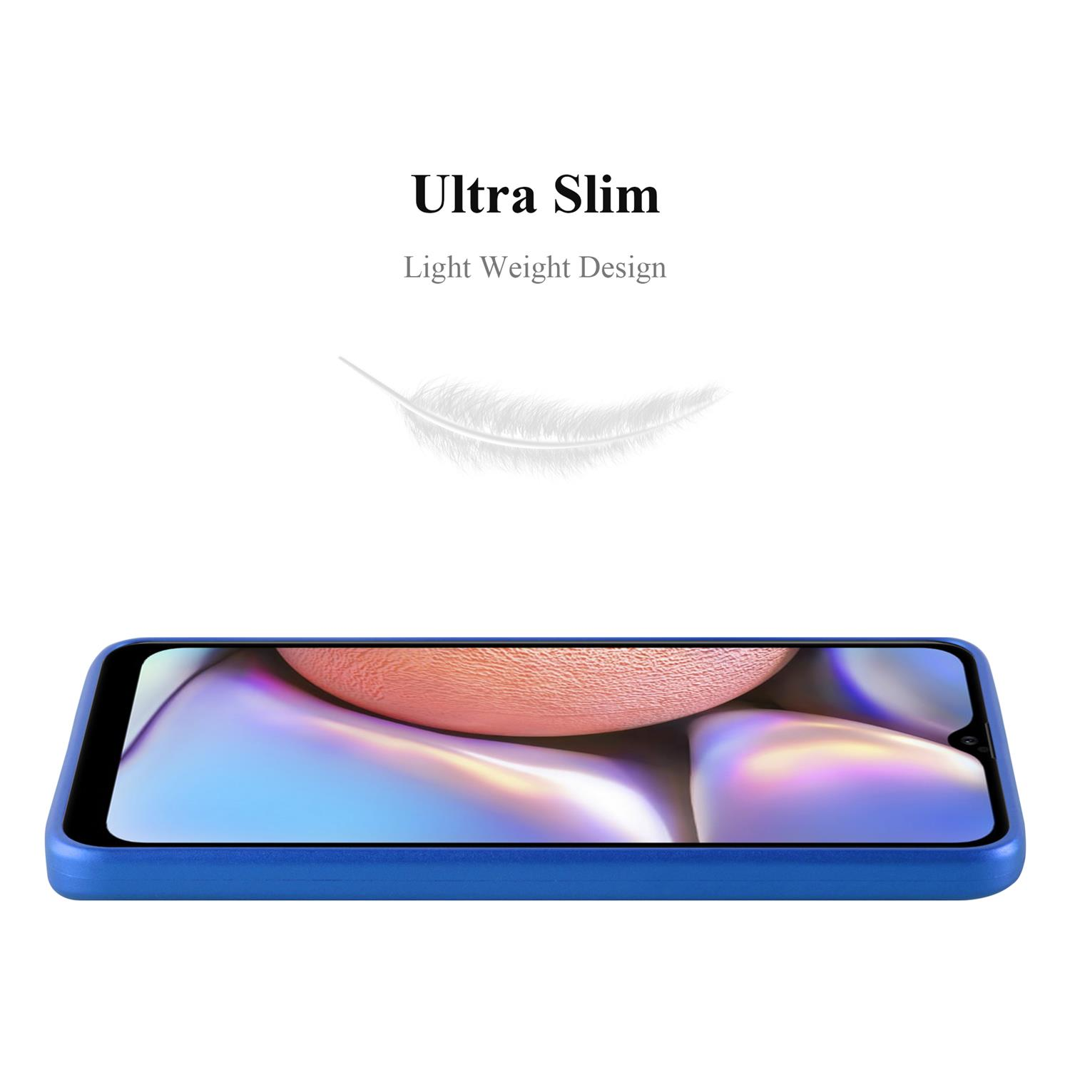 Telefon in blauer Hülle, Feder-Grafik darüber.
