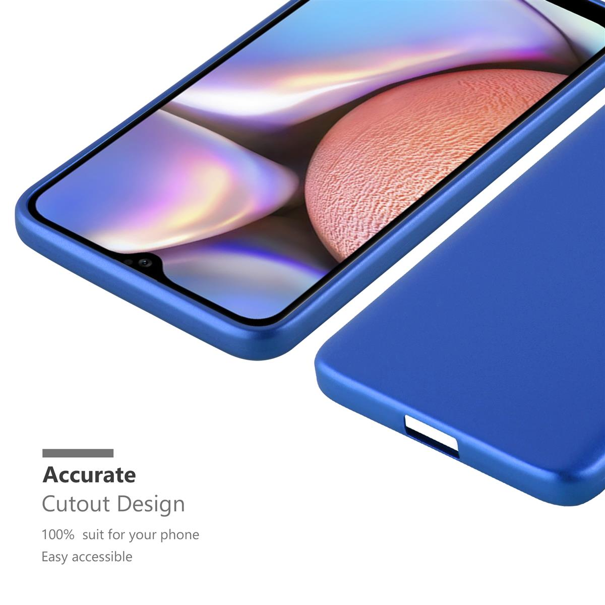 Blaue Handyhülle mit Aussparungsdesign. Handyhülle befindet sich auf weißem Hintergrund.