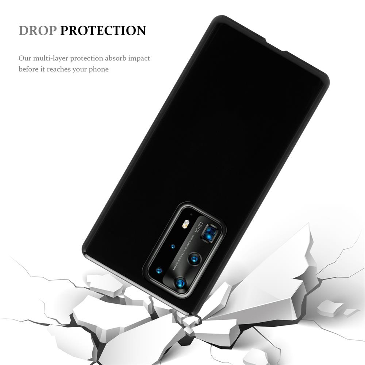 Una custodia per telefono con crepe visibili, il testo recita "DROP PROTECTION", la parte posteriore del telefono è nera.