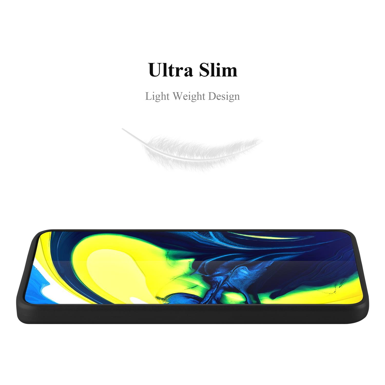 Una custodia per telefono nera con un design sottile e leggero. Viene mostrata una grafica di piuma.