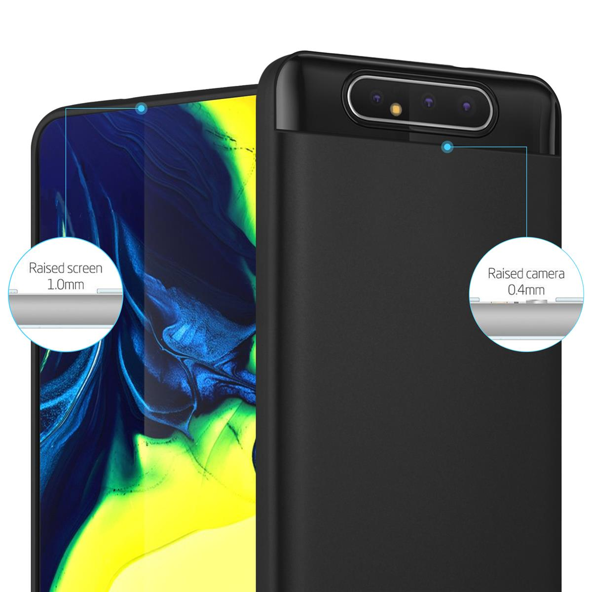 Primo piano di una custodia per telefono. Il telefono ha una custodia nera con lo schermo e la fotocamera evidenziati.