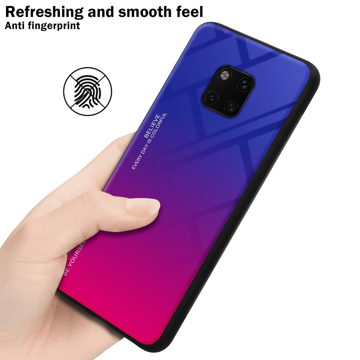 Hand, die ein Telefon mit einer blau-violetten Gradientenhülle hält. Anti-Fingerabdruck.
