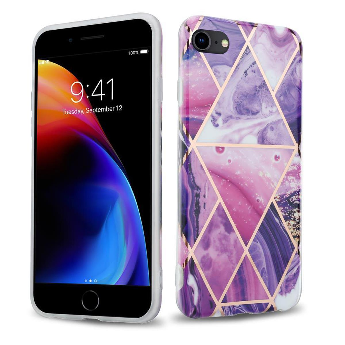 Custodia con design geometrico viola, rosa e oro. Schermo mostra ora e icone.