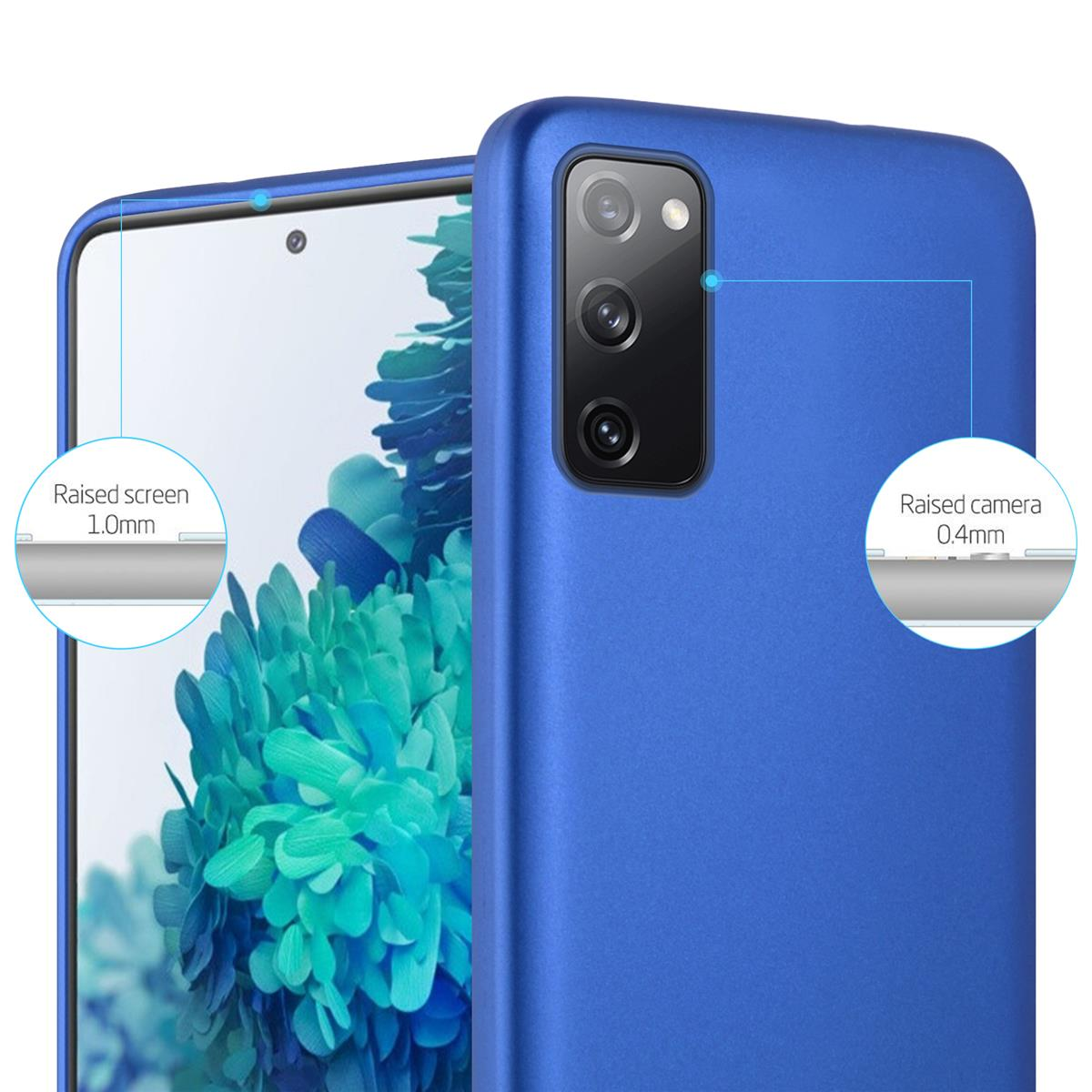 Eine blaue Handyhülle, die den Bildschirm und die Kamera eines Smartphones schützt.