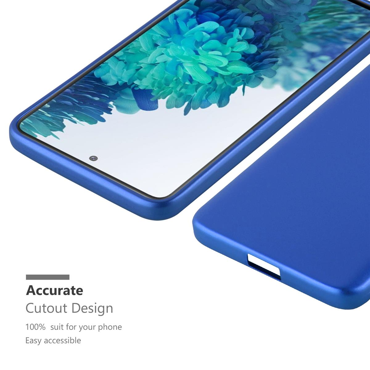 Blaue Telefonhülle mit Telefon darin. Das Telefon hat einen blauen Rahmen und einen hellblauen Bildschirm.