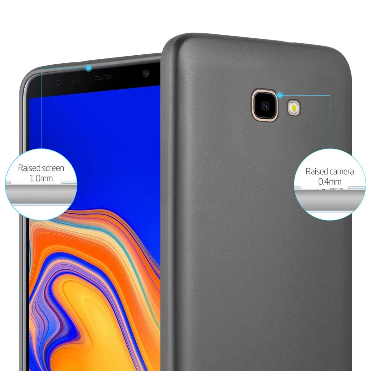 Eine graue Handyhülle, die ein Telefon und Details zum erhöhten Bildschirm und zur Kamera zeigt.