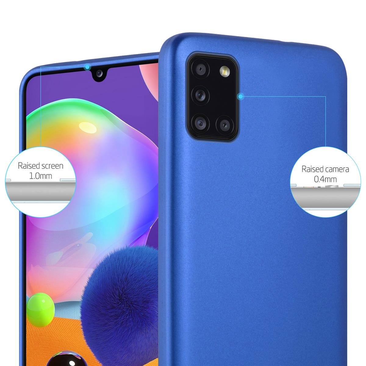 Una custodia per telefono blu. Il testo recita 'Schermo rialzato 1,0 mm' e 'Fotocamera rialzata 0,4 mm'.
