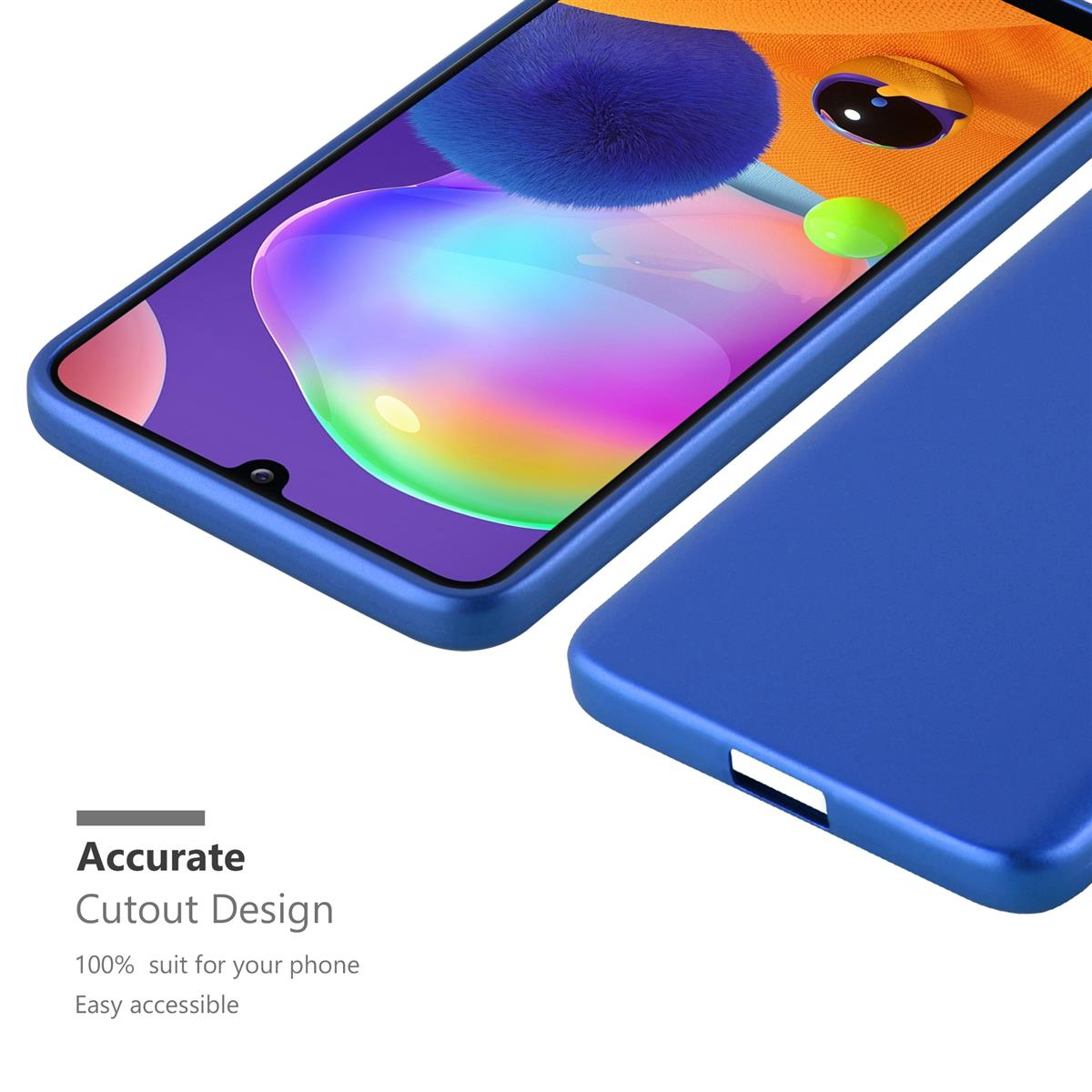 Vengono mostrati una custodia e un telefono blu. Il testo indica il design ritagliato per il telefono.