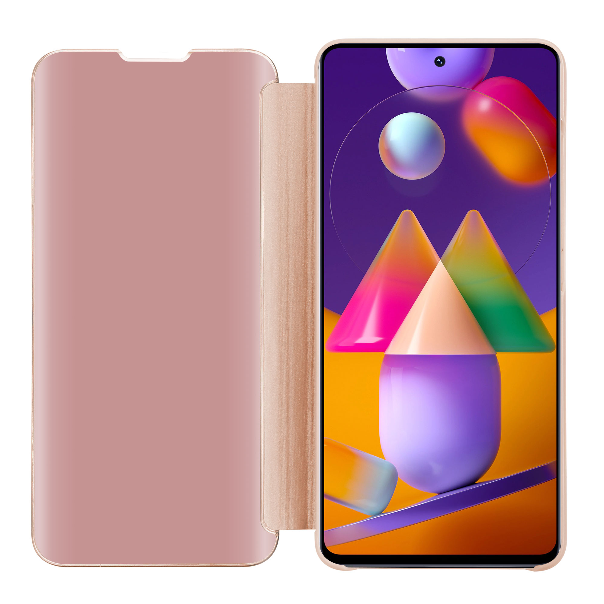 Una custodia per telefono rosa con coperchio aperto. All'interno è visualizzato un design astratto colorato.