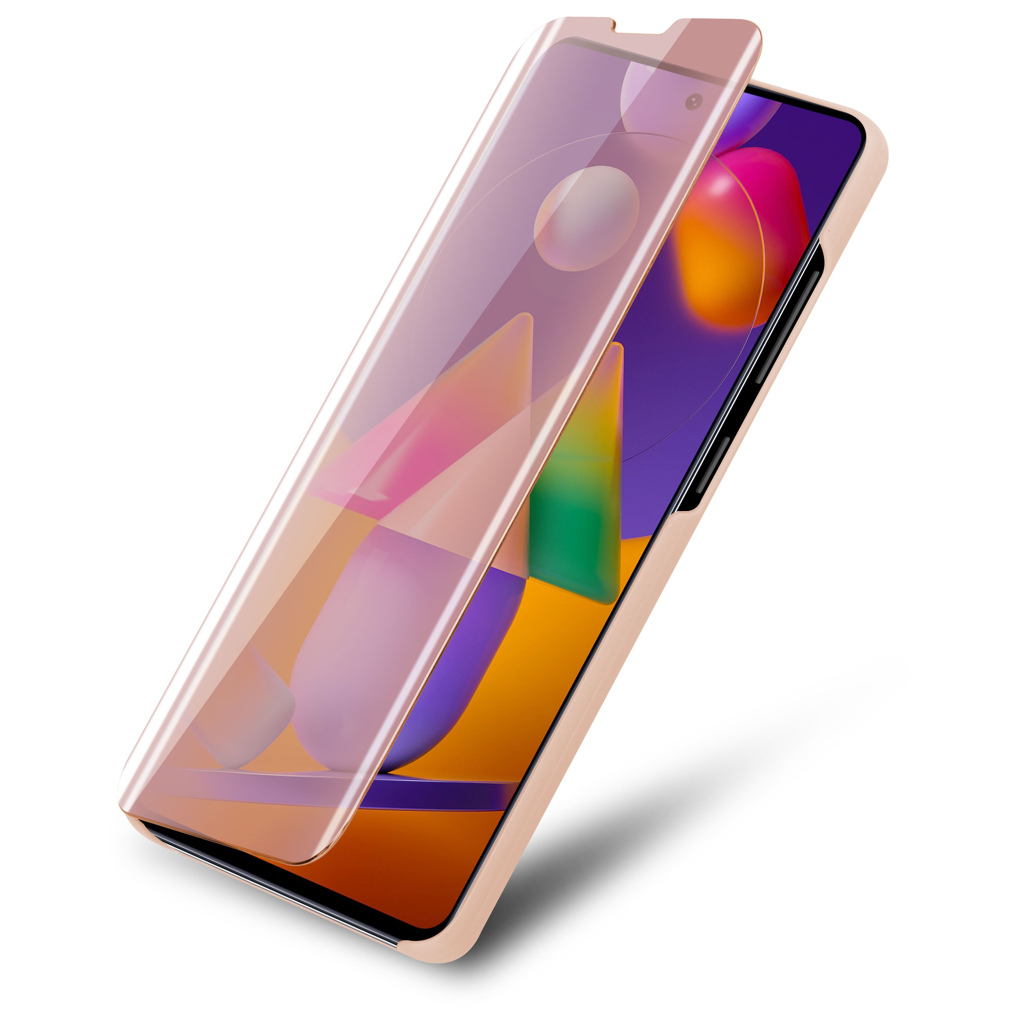 Custodia per telefono con una protezione per lo schermo applicata al telefono.
