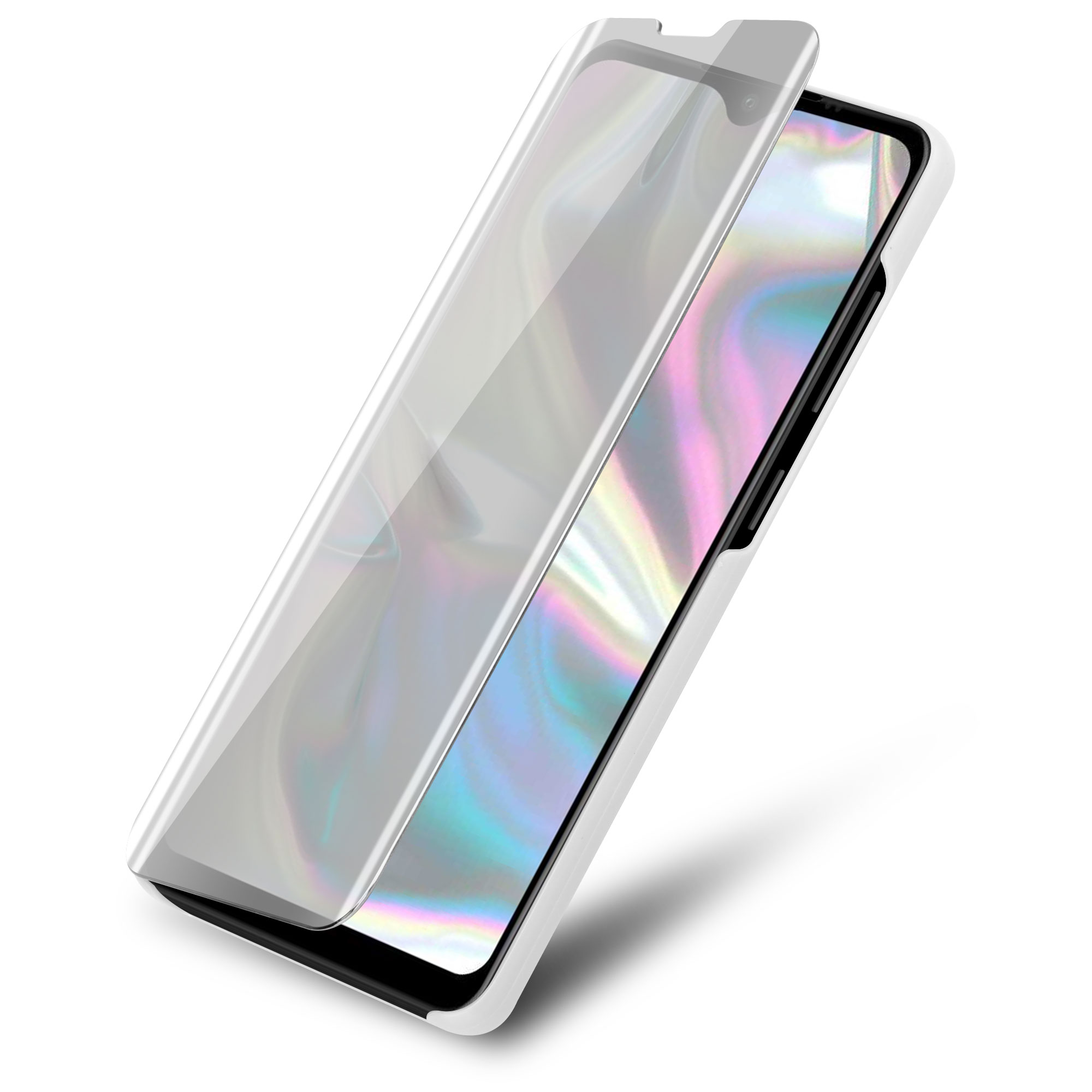Telefon mit weißer Hülle und Displayschutzfolie, zeigt einen bunten Hintergrund.