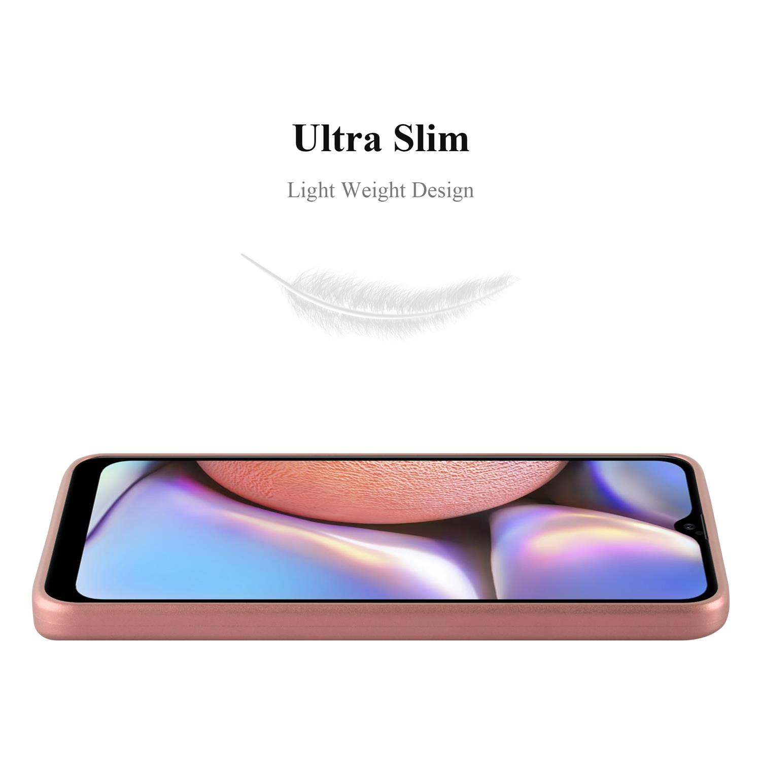 Eine roségoldene Handyhülle mit einem Telefon im Inneren und Text darüber.