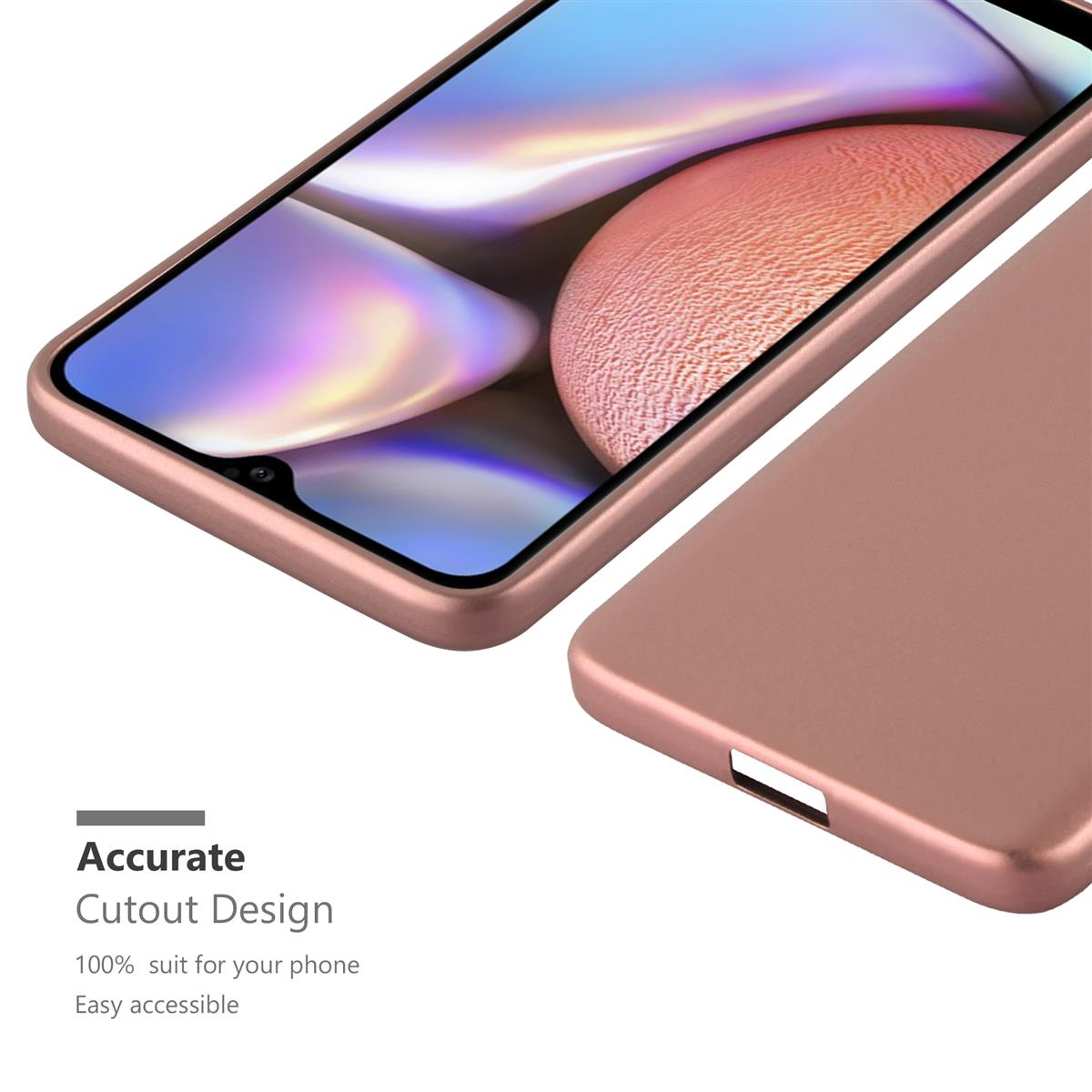 Eine Handyhülle wird mit einem Telefon gezeigt. Die Hülle ist roségoldfarben. Text: Präzises Ausschnittdesign.