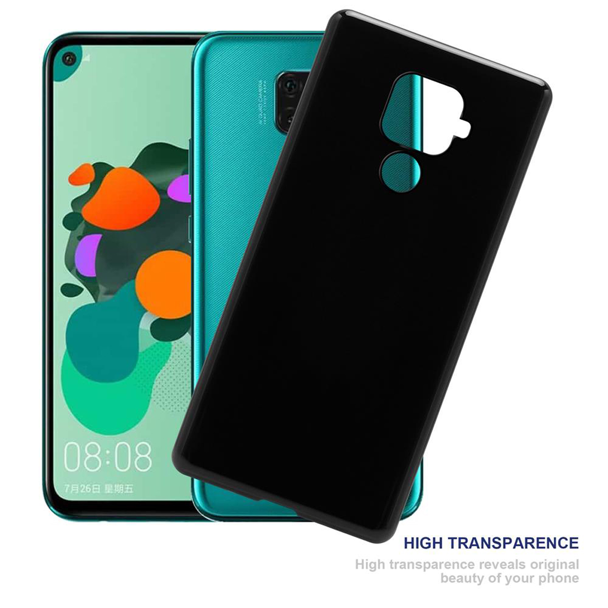 Eine schwarze Handyhülle mit einem Handy und seinem grünen Bildschirm. Das Handy hat eine Kamera.